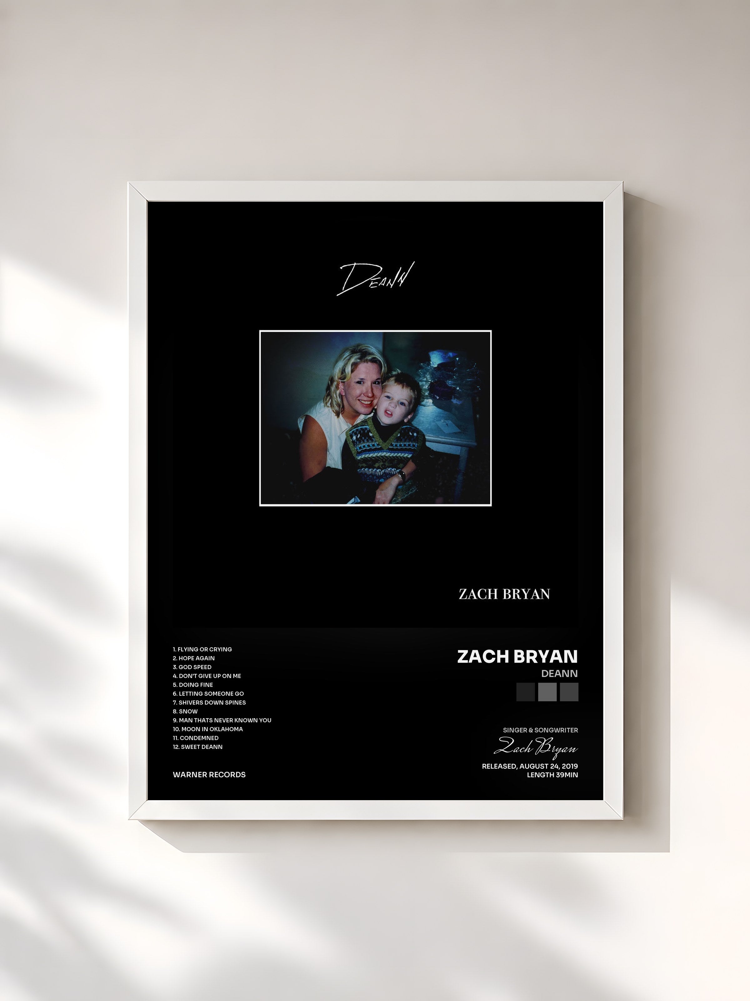 #blanc Tableau de l'album DeAnn de Zach Bryan, cadre blanc, imprimé et encadré en France