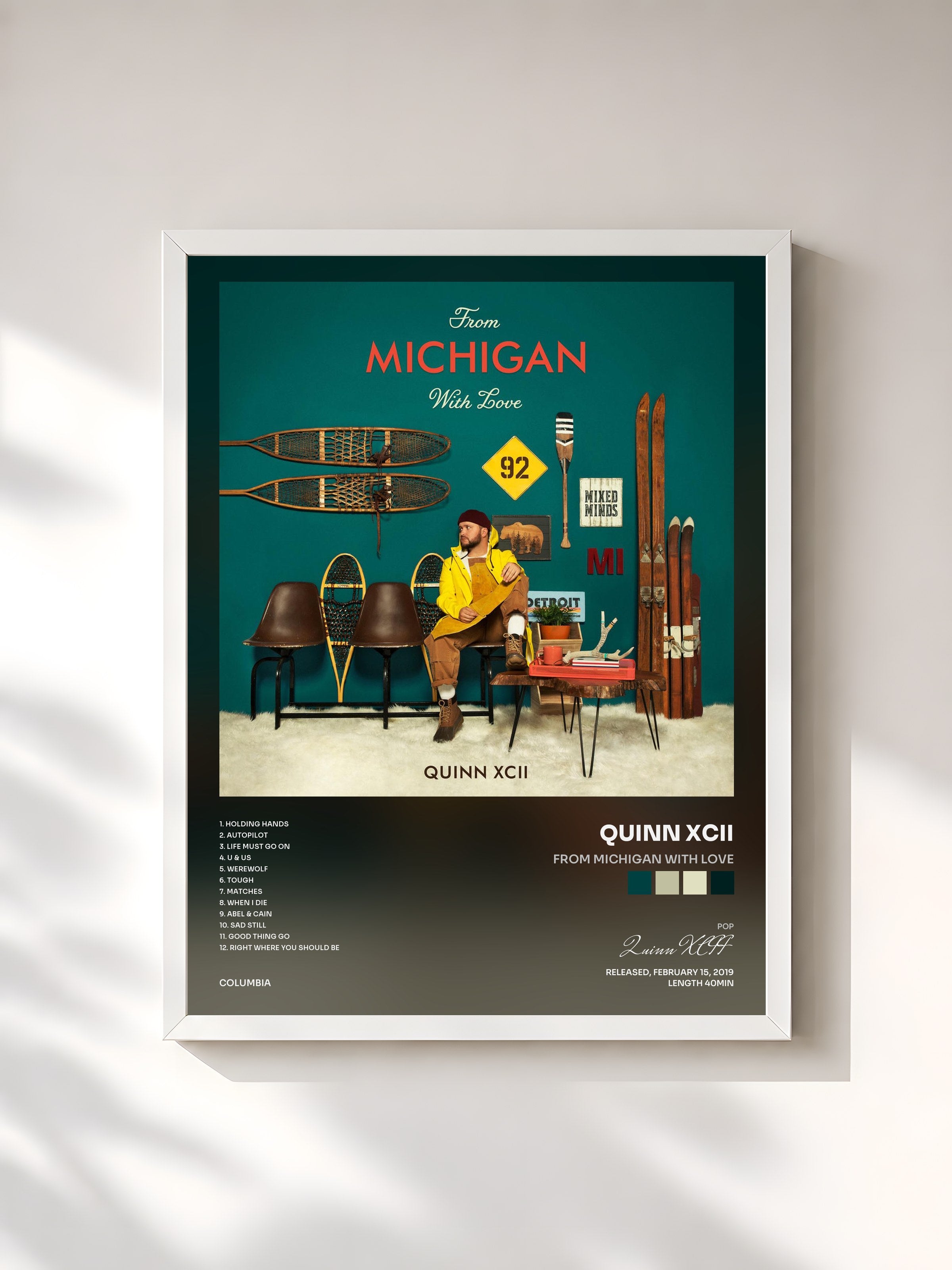 #blanc Tableau de l'album From Michigan With Love de Quinn XCII, cadre blanc, imprimé et encadré en France