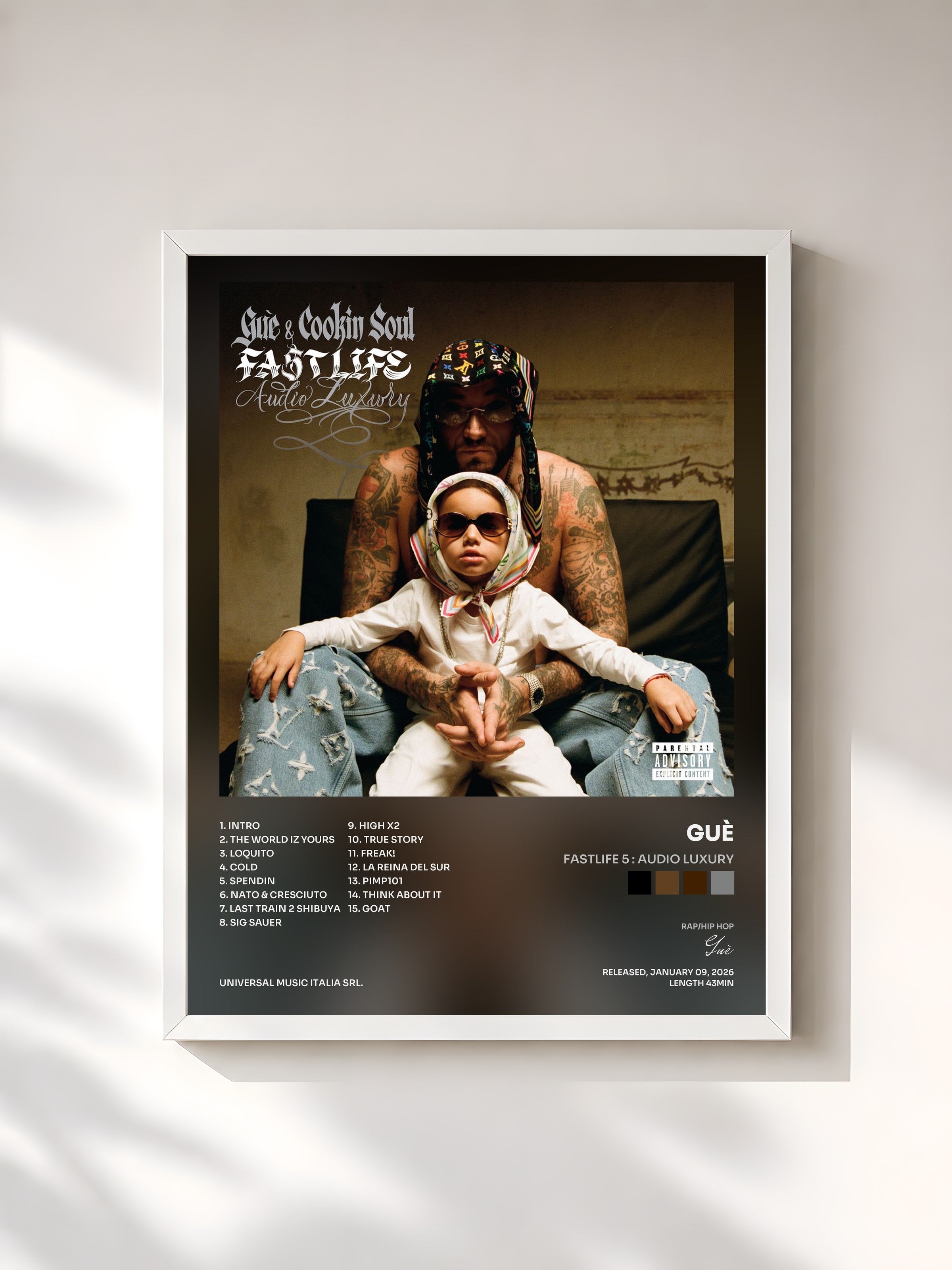 #blanc Tableau de l'album FASTLIFE 5 : Audio Luxury de Guè, cadre blanc, imprimé et encadré en France