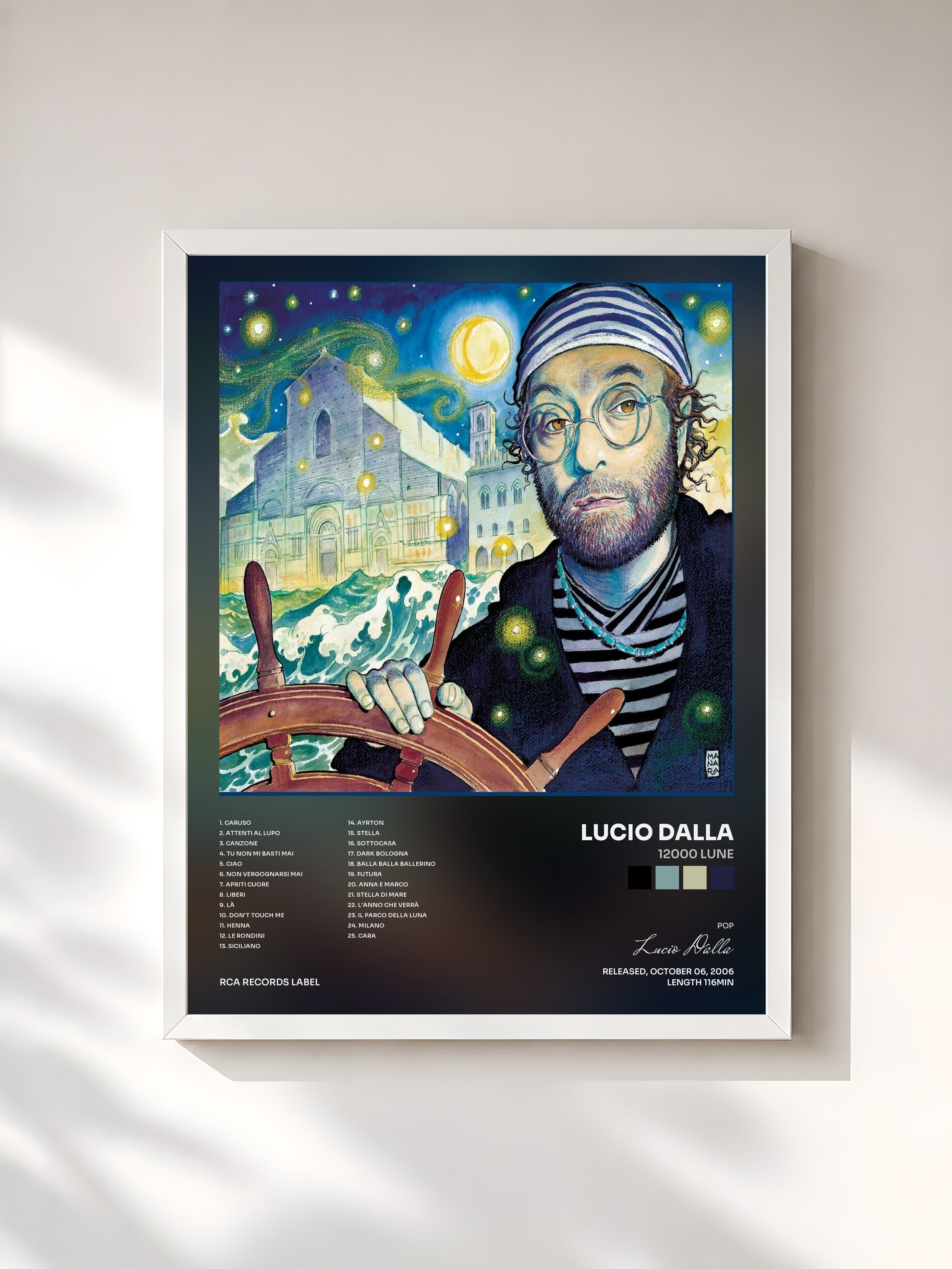 #blanc Tableau de l'album 12000 lune de Lucio Dalla, cadre blanc, imprimé et encadré en France