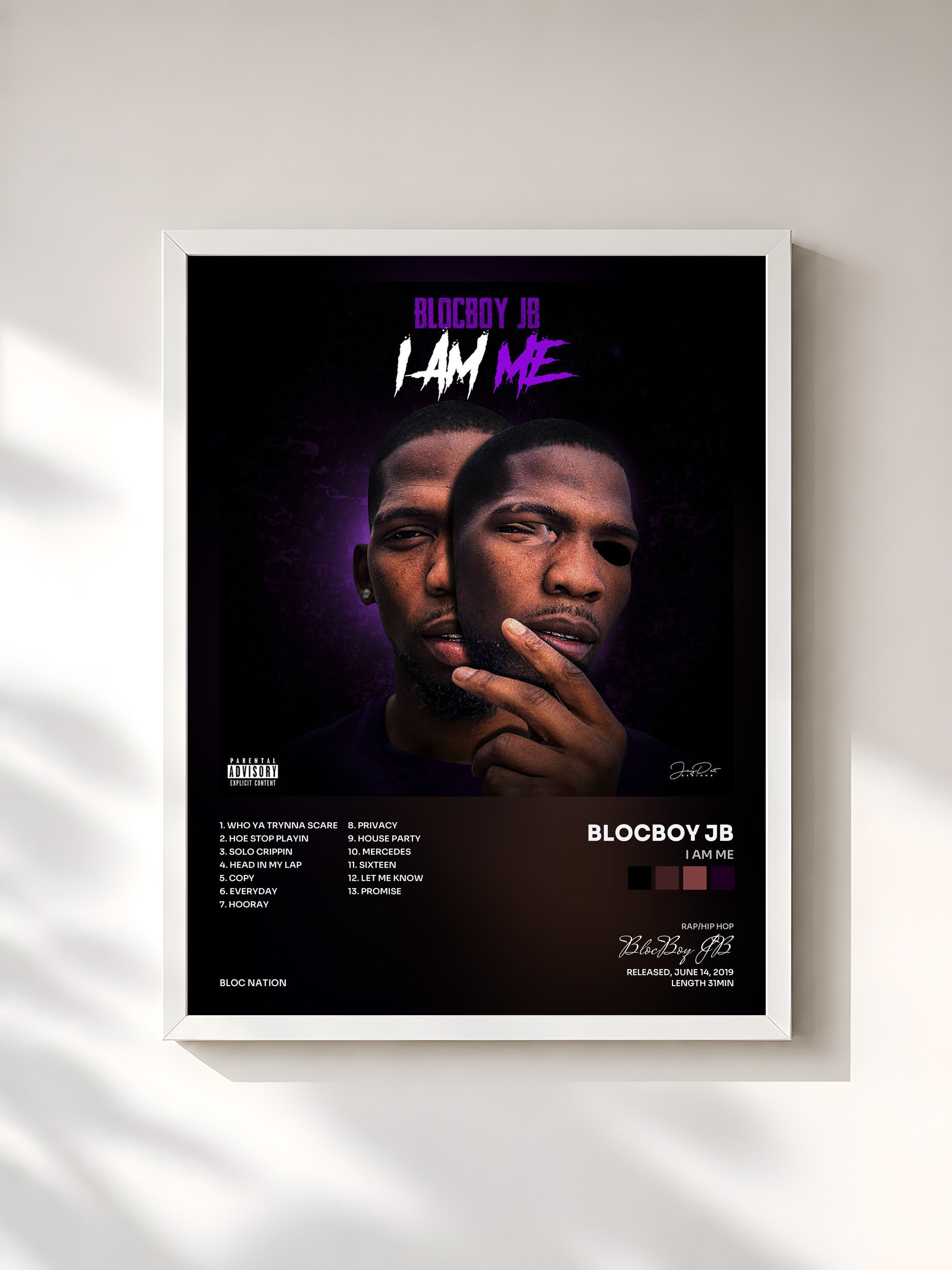 #blanc Tableau de l'album I Am Me de BlocBoy JB, cadre blanc, imprimé et encadré en France
