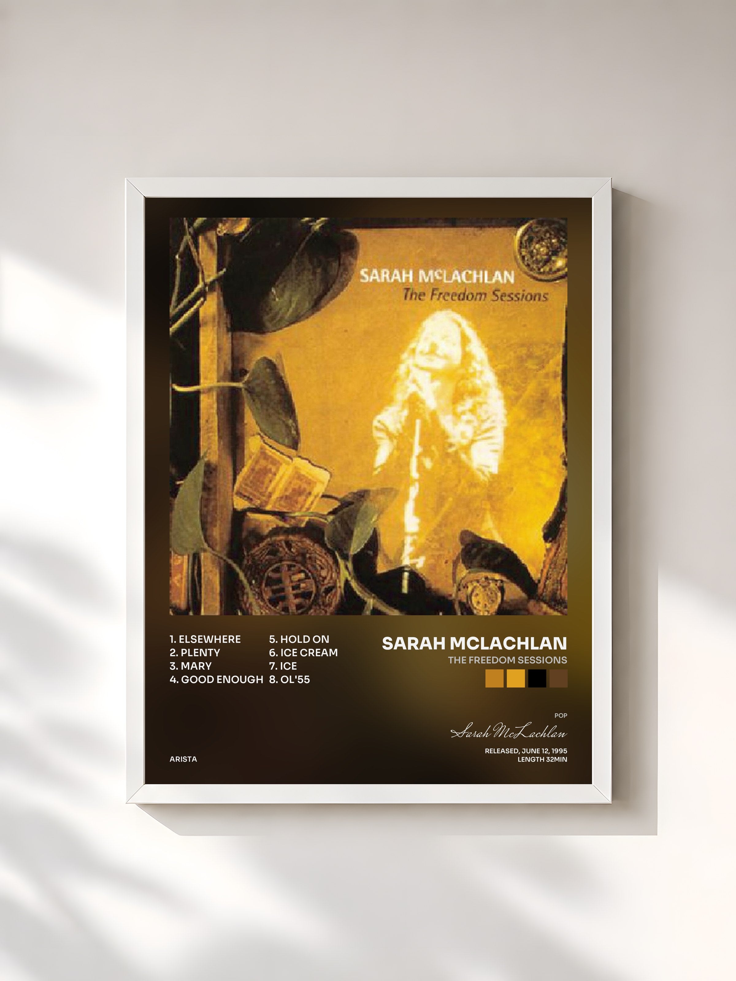 #blanc Tableau de l'album The Freedom Sessions de Sarah McLachlan, cadre blanc, imprimé et encadré en France