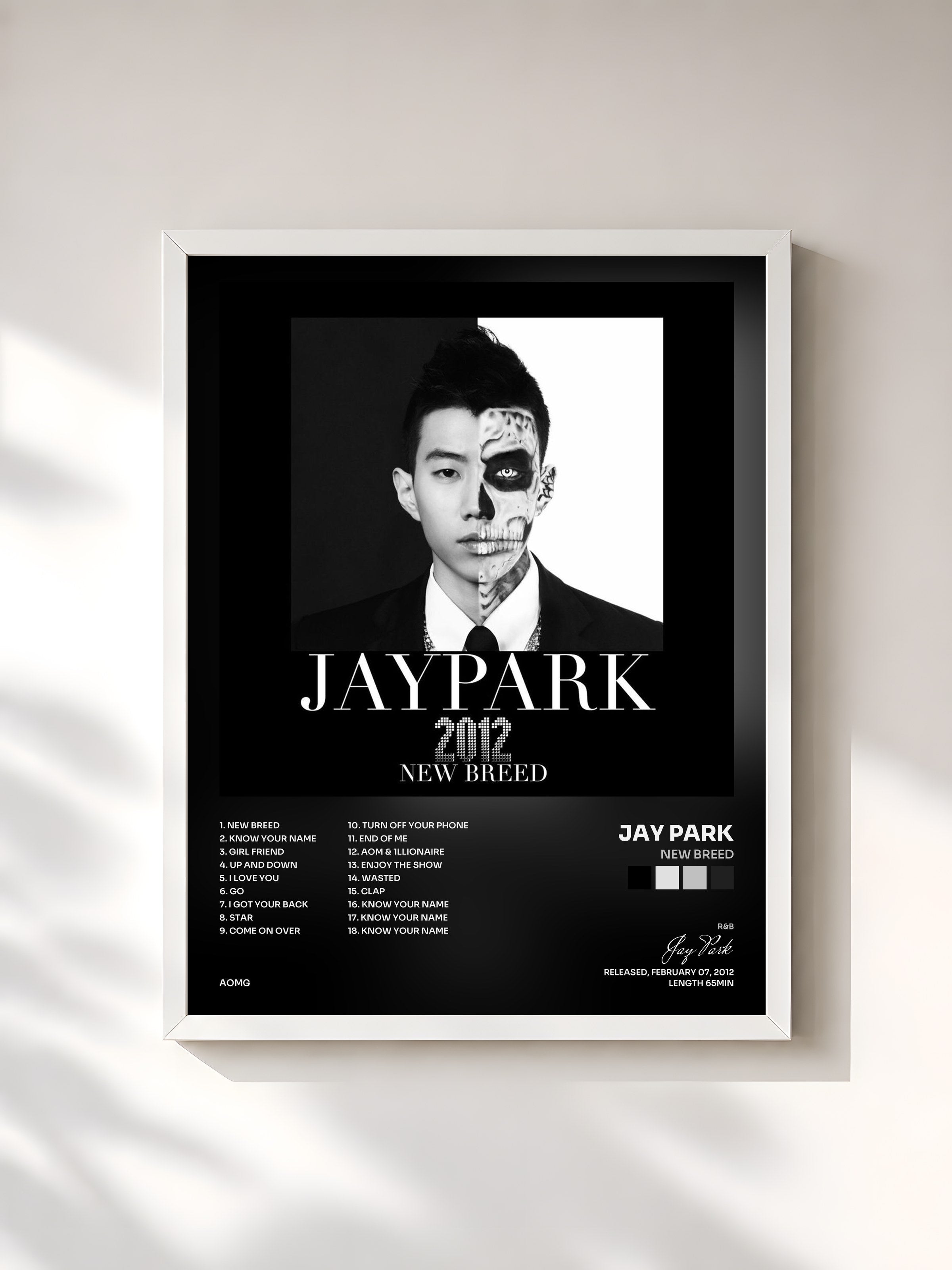 #blanc Tableau de l'album New Breed de Jay Park, cadre blanc, imprimé et encadré en France