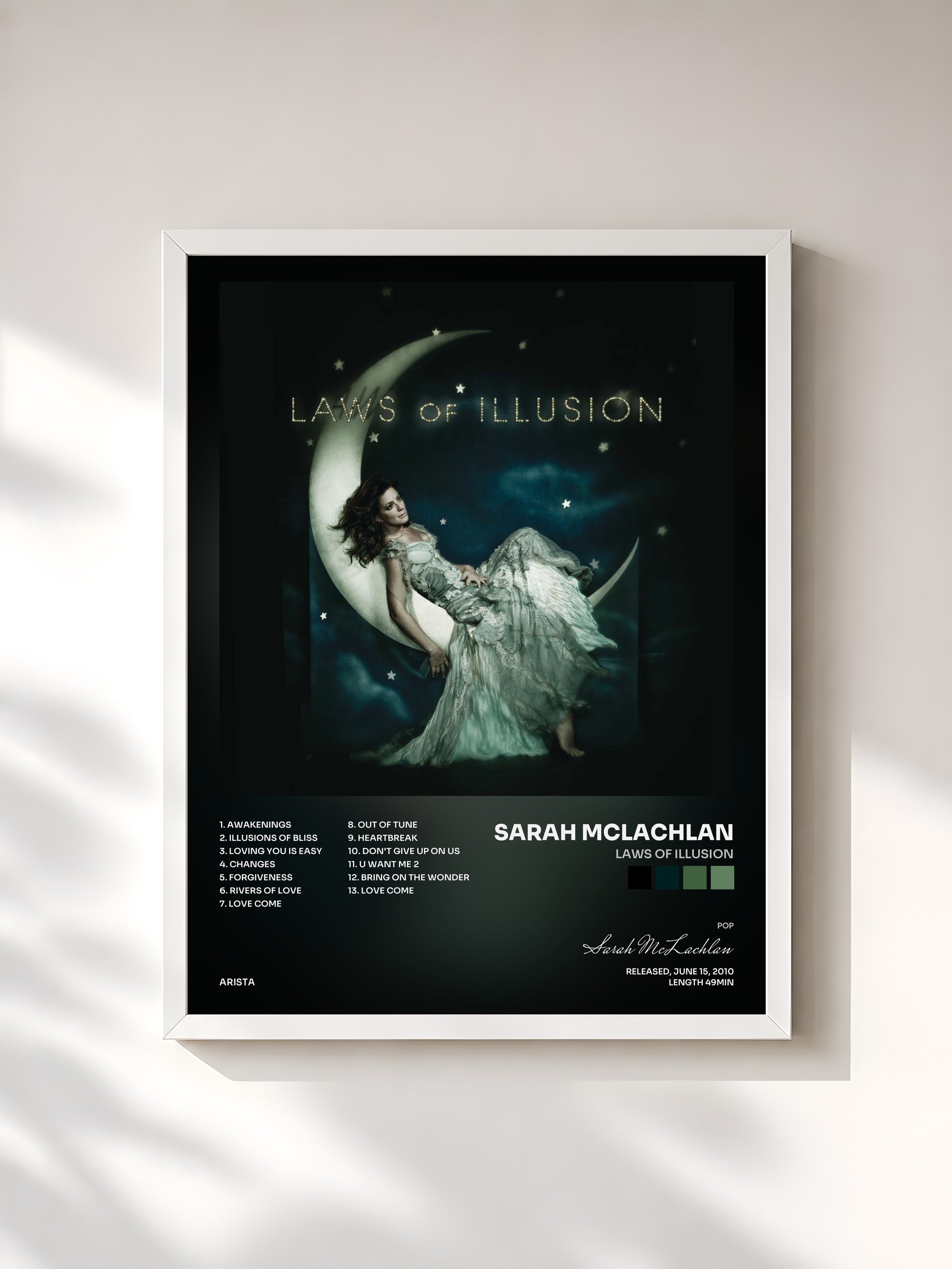#blanc Tableau de l'album Laws Of Illusion de Sarah McLachlan, cadre blanc, imprimé et encadré en France