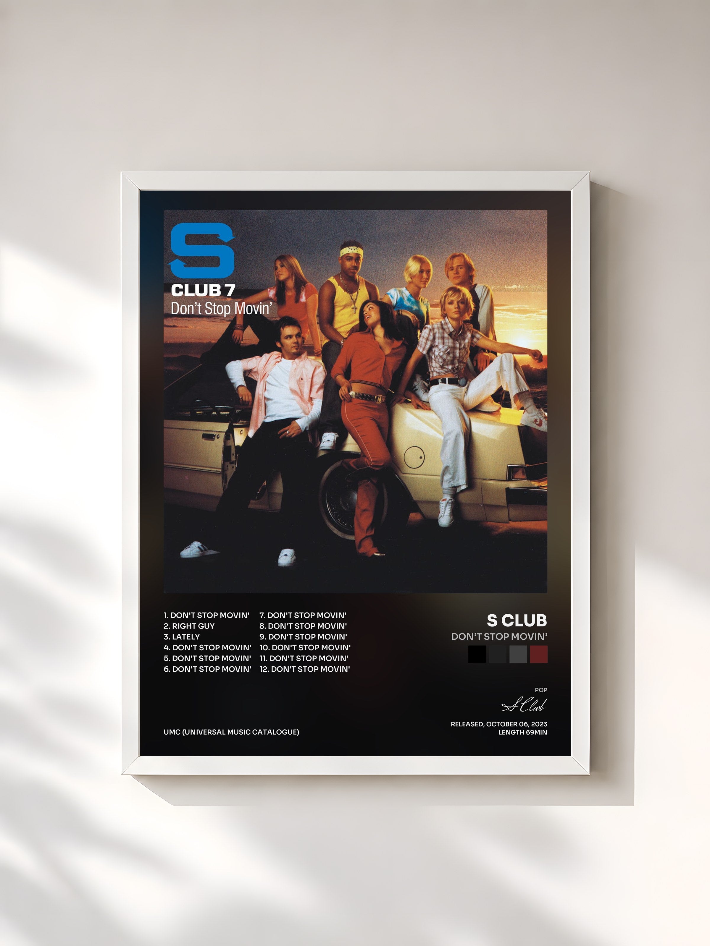 #blanc Tableau de l'album Don’t Stop Movin’ de S Club, cadre blanc, imprimé et encadré en France