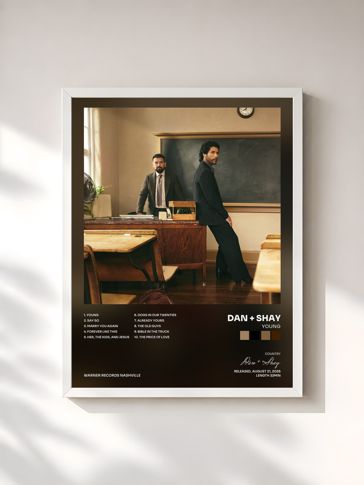 #blanc Tableau de l'album Young de Dan + Shay, cadre blanc, imprimé et encadré en France