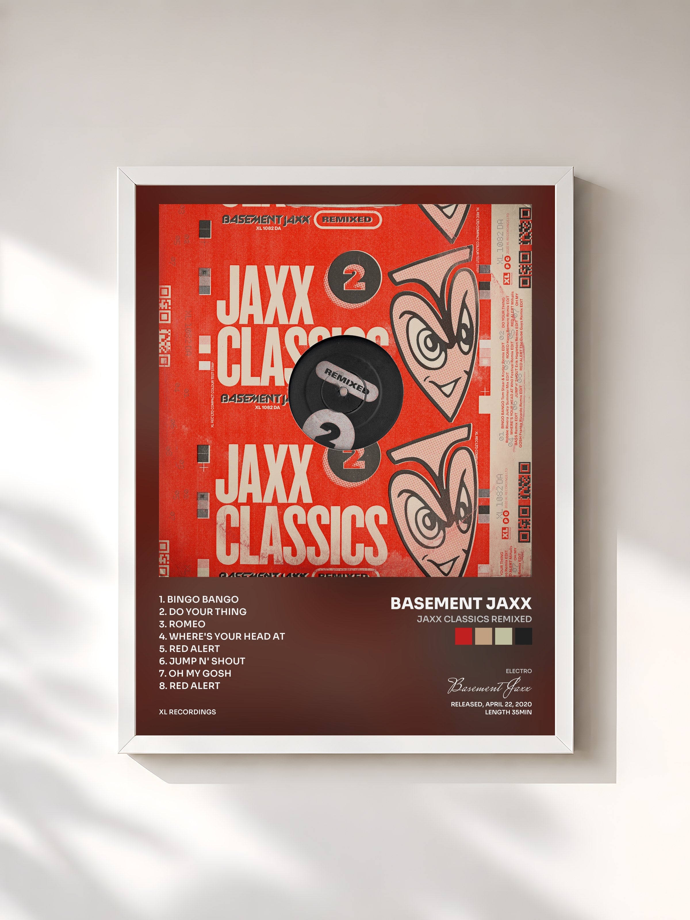 #blanc Tableau de l'album Jaxx Classics Remixed de Basement Jaxx, cadre blanc, imprimé et encadré en France