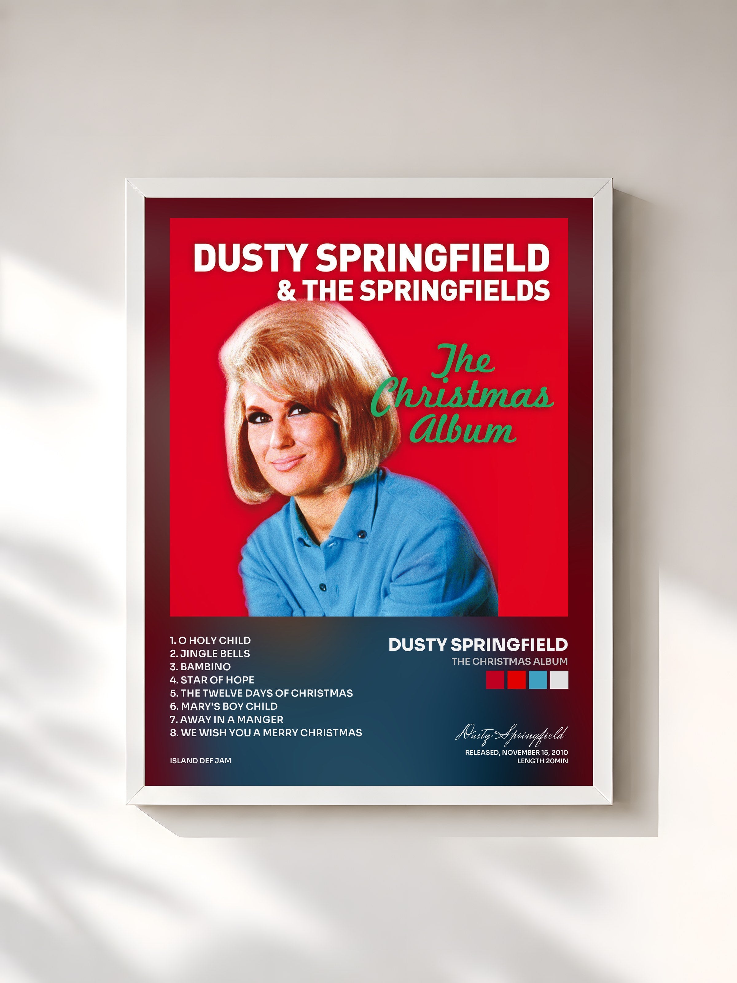 #blanc Tableau de l'album The Christmas Album de Dusty Springfield, cadre blanc, imprimé et encadré en France