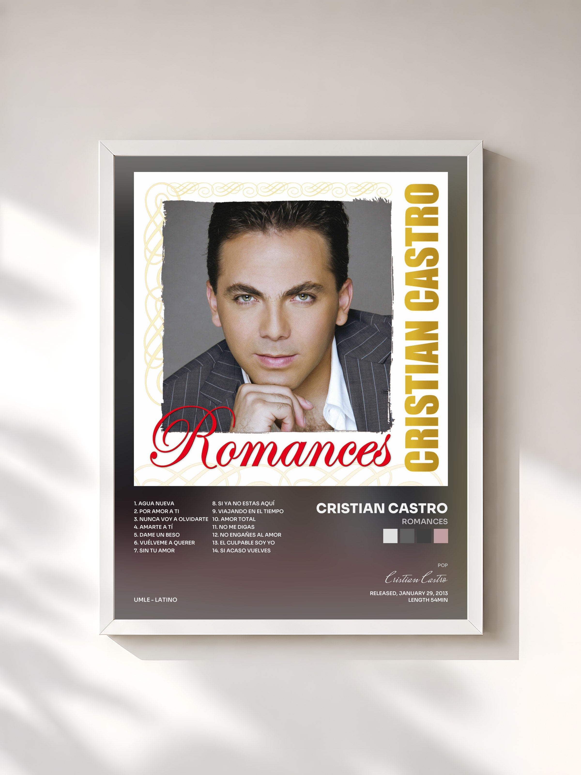 #blanc Tableau de l'album Romances de Cristian Castro, cadre blanc, imprimé et encadré en France