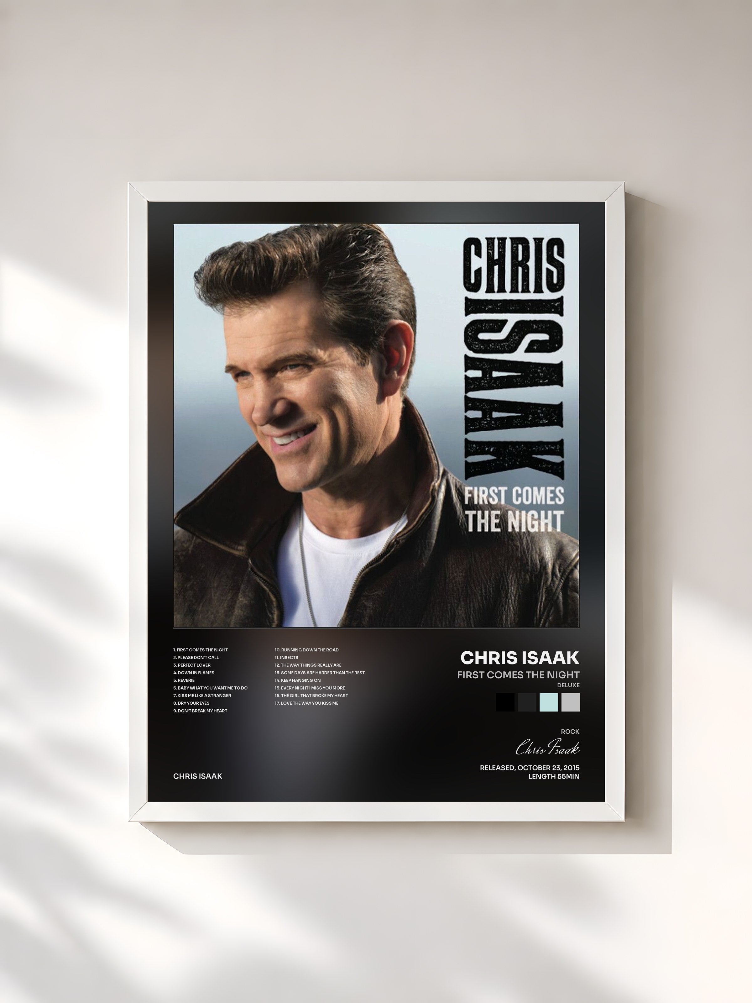 #blanc Tableau de l'album First Comes The Night (Deluxe) de Chris Isaak, cadre blanc, imprimé et encadré en France