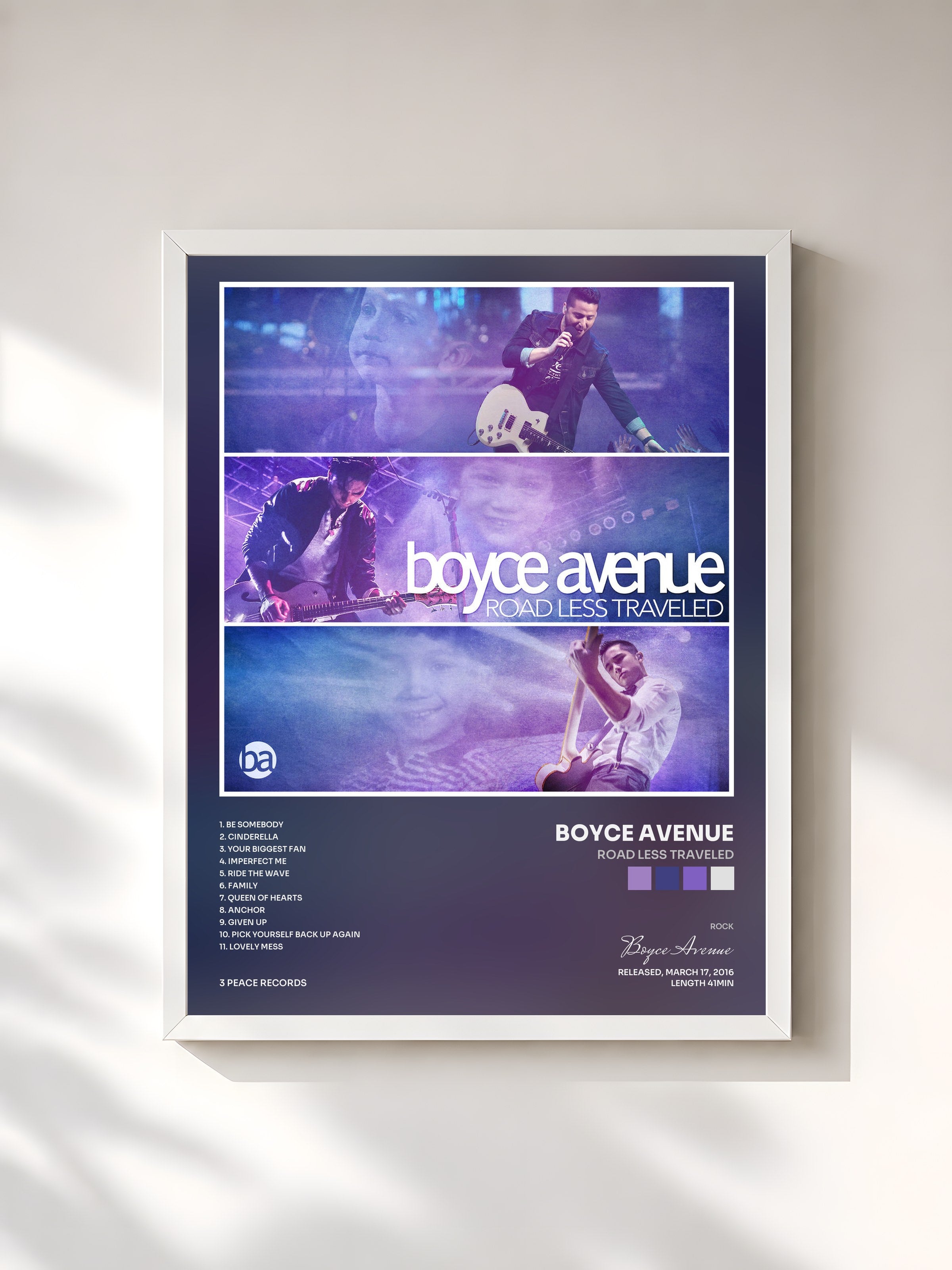 #blanc Tableau de l'album Road Less Traveled de Boyce Avenue, cadre blanc, imprimé et encadré en France