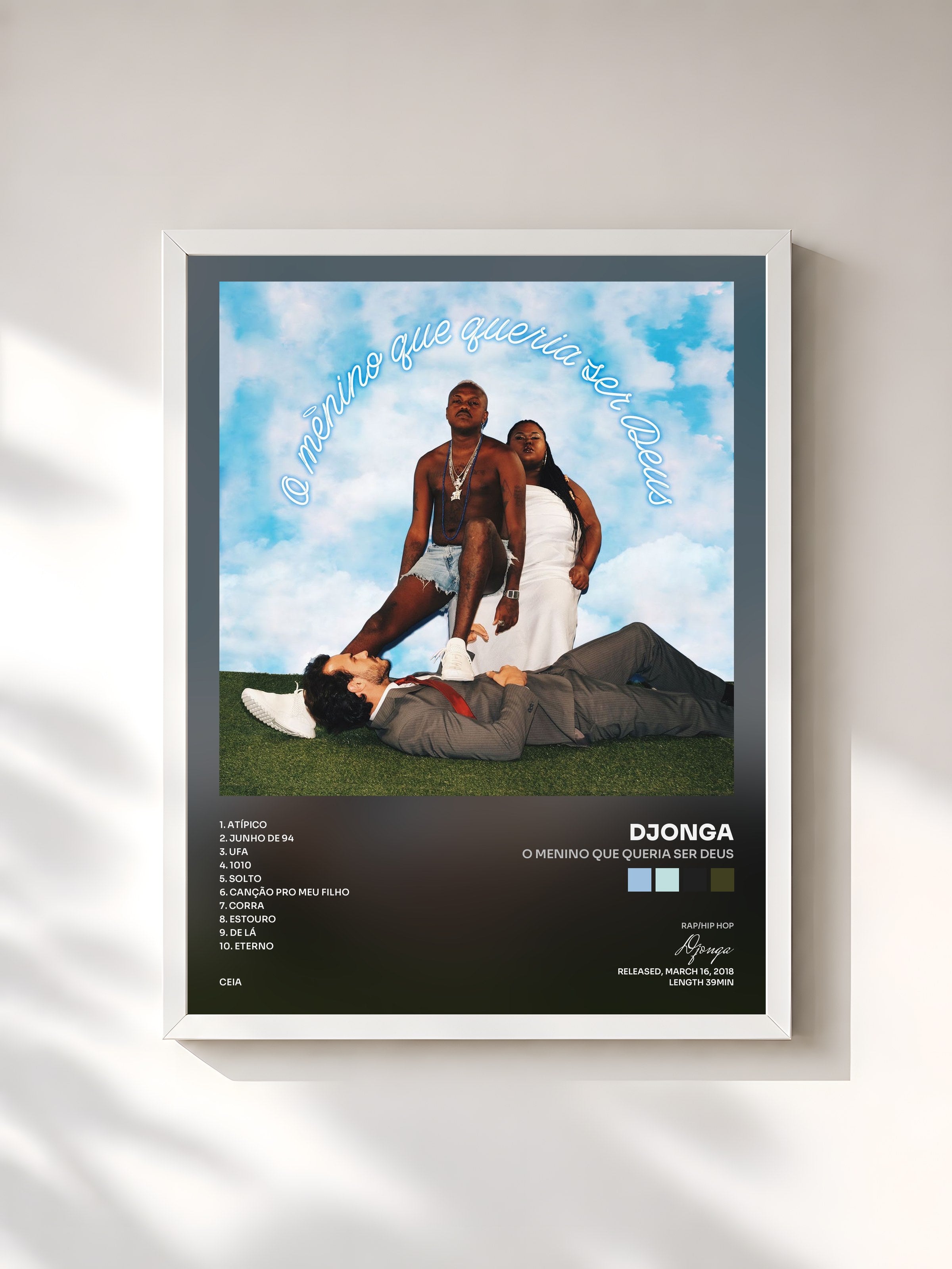 #blanc Tableau de l'album O MENINO QUE QUERIA SER DEUS de Djonga, cadre blanc, imprimé et encadré en France