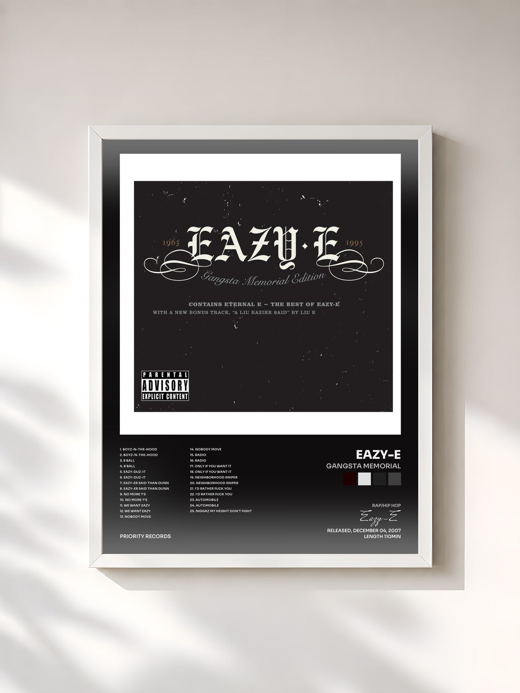 #blanc Tableau de l'album Gangsta Memorial de Eazy-E, cadre blanc, imprimé et encadré en France