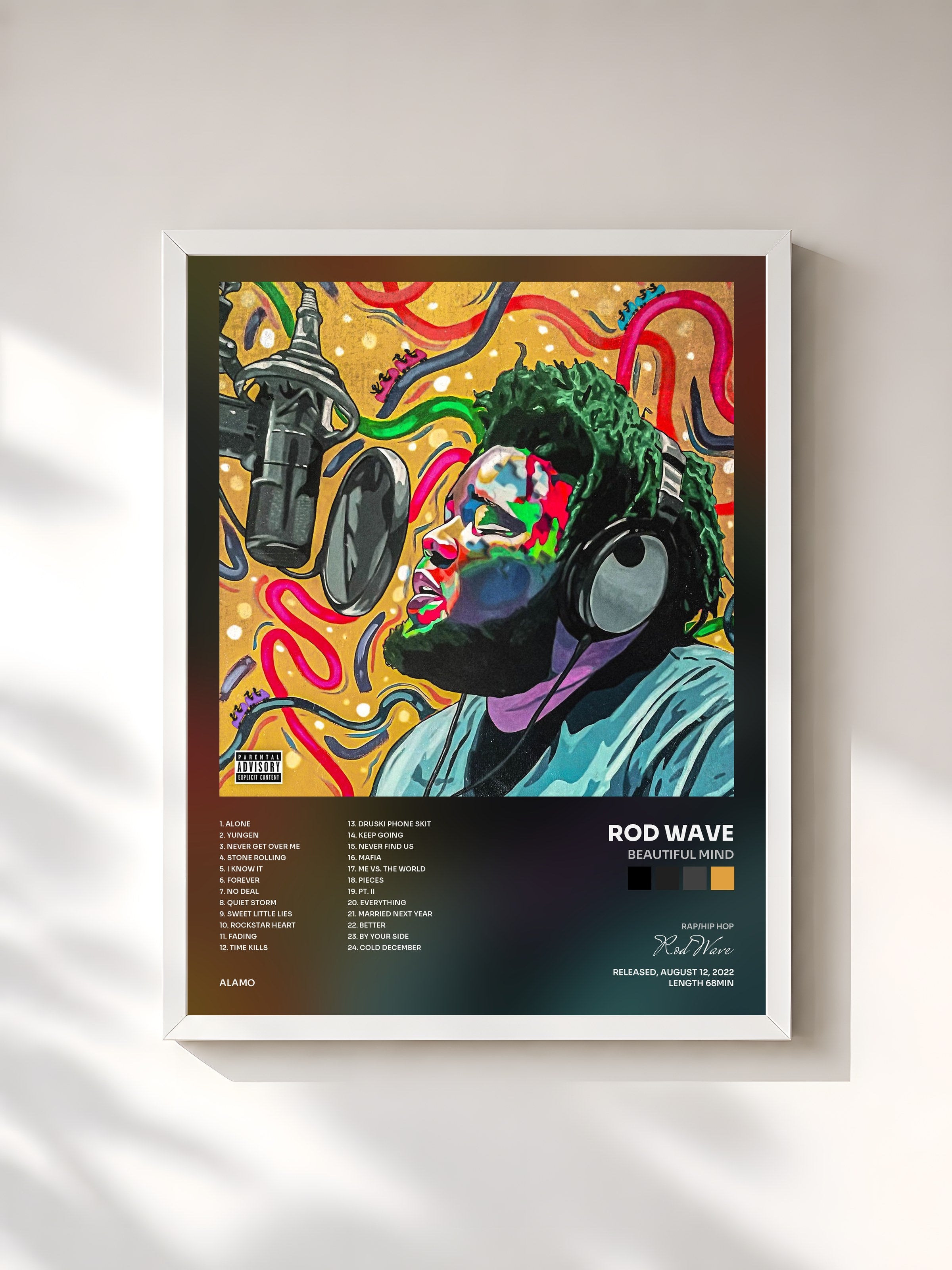 #blanc Tableau de l'album Beautiful Mind de Rod Wave, cadre blanc, imprimé et encadré en France