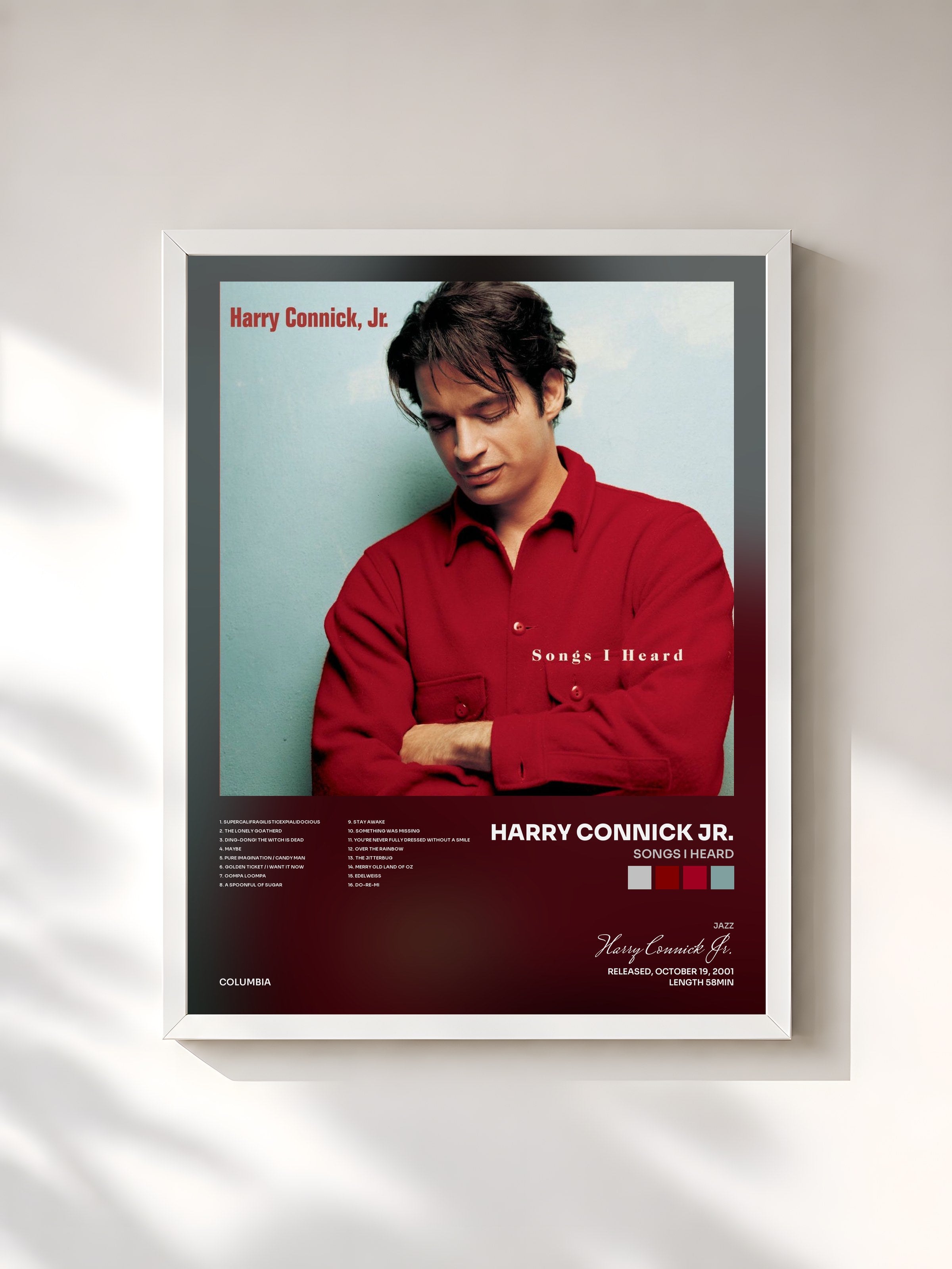 #blanc Tableau de l'album Songs I Heard de Harry Connick Jr., cadre blanc, imprimé et encadré en France
