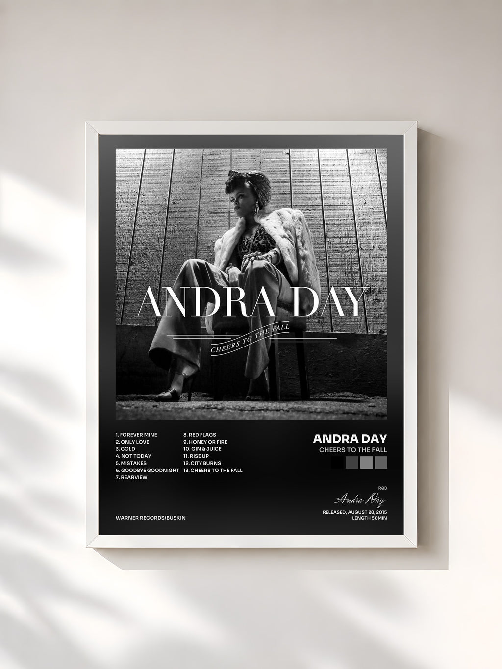 #blanc Tableau de l'album Cheers to the Fall de Andra Day, cadre blanc, imprimé et encadré en France