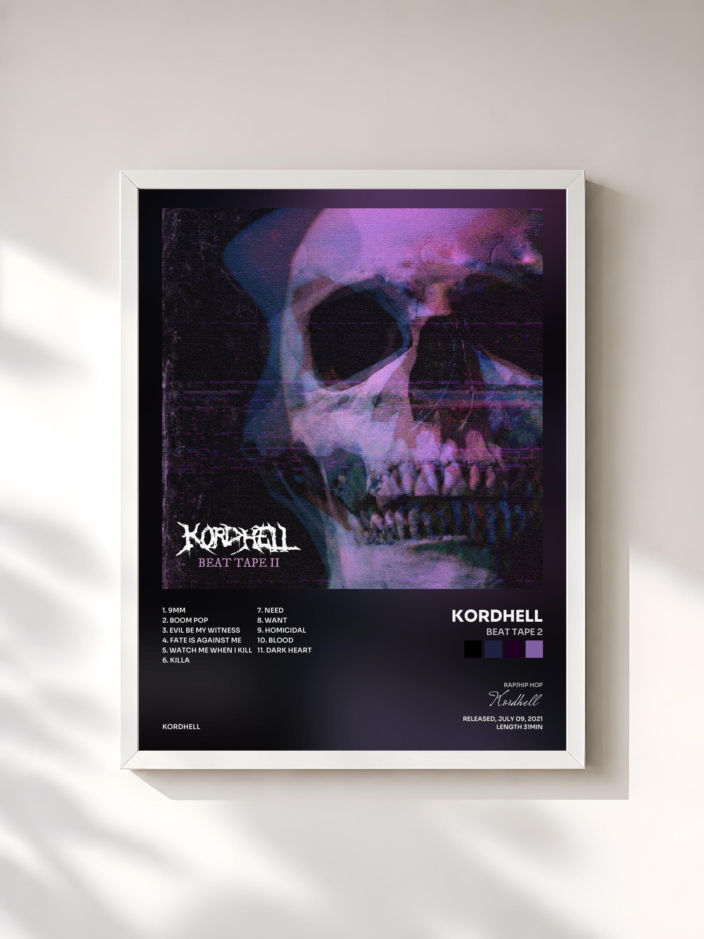 #blanc Tableau de l'album Beat Tape 2 de Kordhell, cadre blanc, imprimé et encadré en France