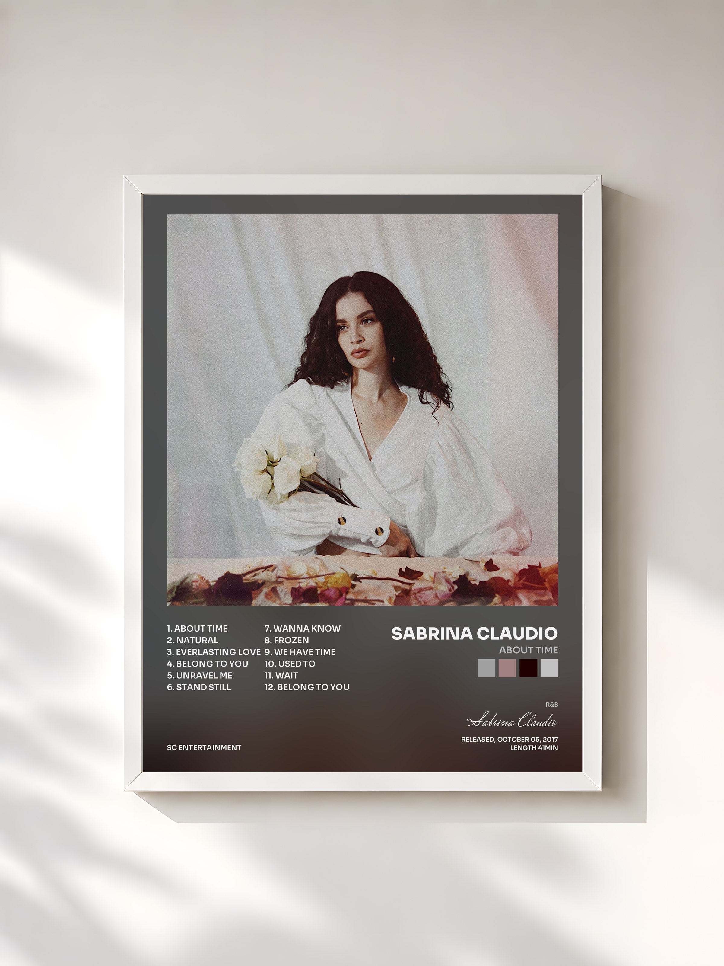 #blanc Tableau de l'album About Time de Sabrina Claudio, cadre blanc, imprimé et encadré en France