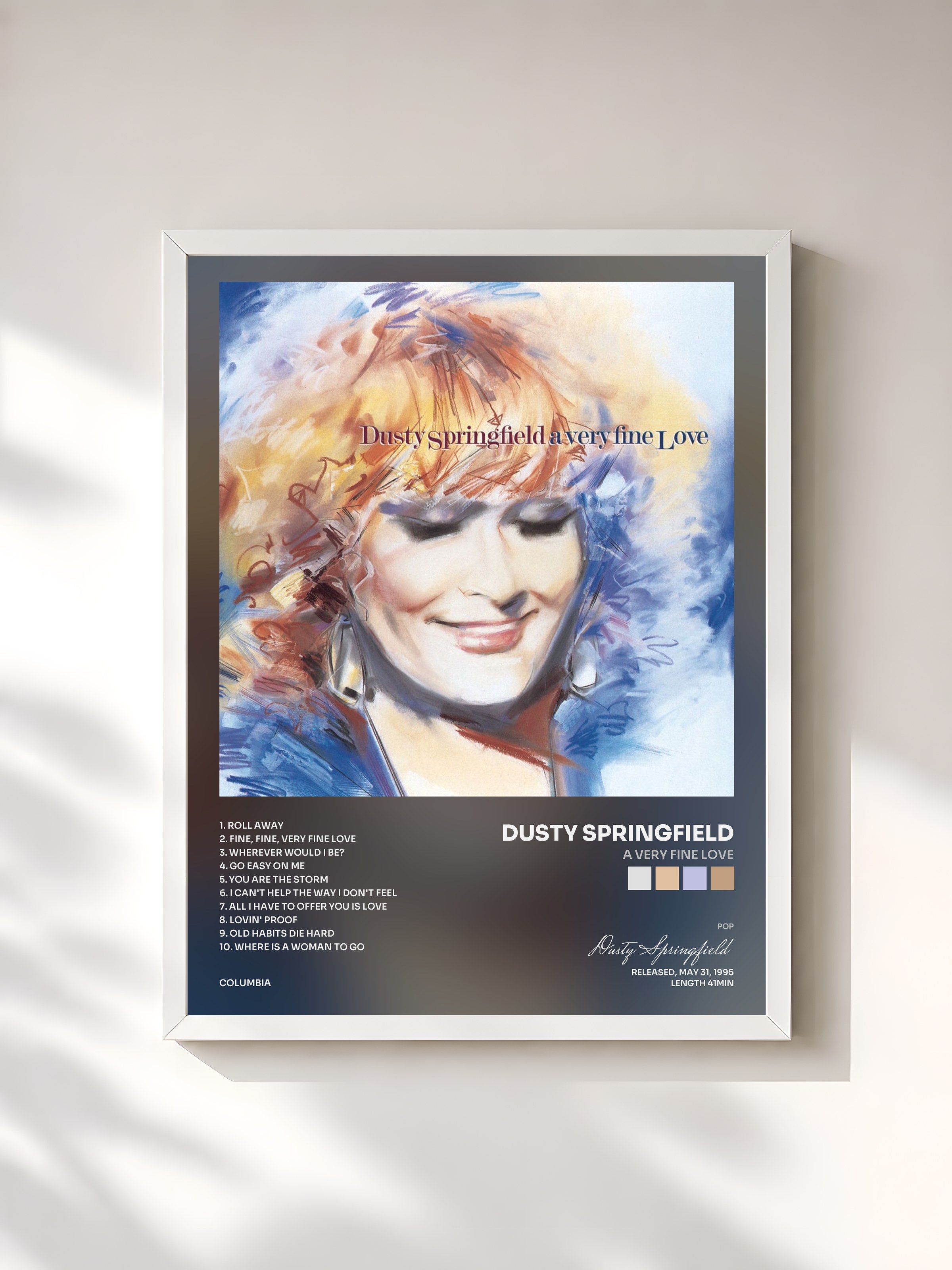 #blanc Tableau de l'album A Very Fine Love de Dusty Springfield, cadre blanc, imprimé et encadré en France
