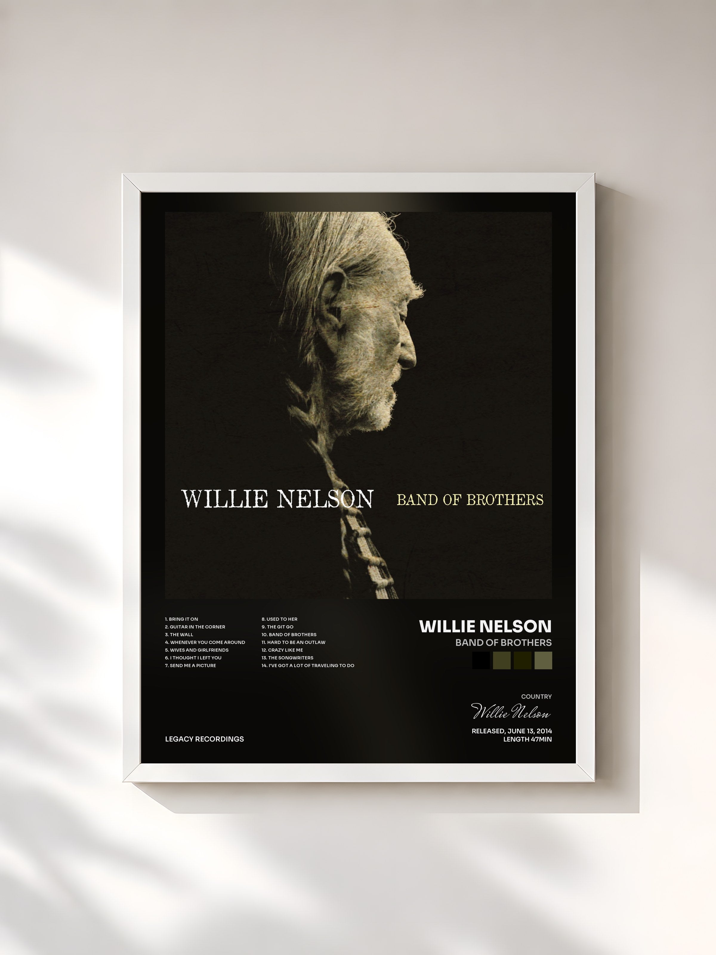 #blanc Tableau de l'album Band of Brothers de Willie Nelson, cadre blanc, imprimé et encadré en France