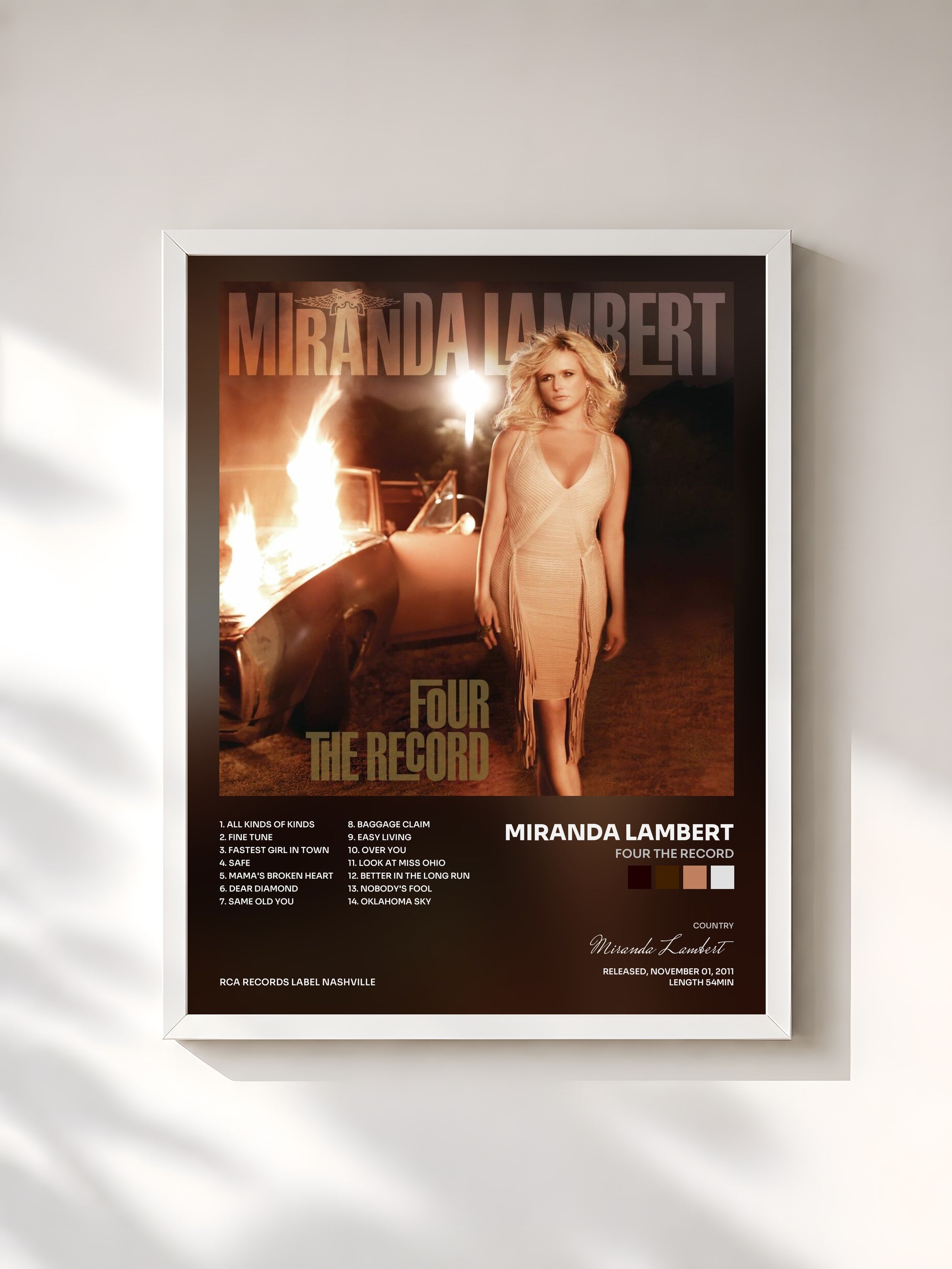 #blanc Tableau de l'album Four The Record de Miranda Lambert, cadre blanc, imprimé et encadré en France