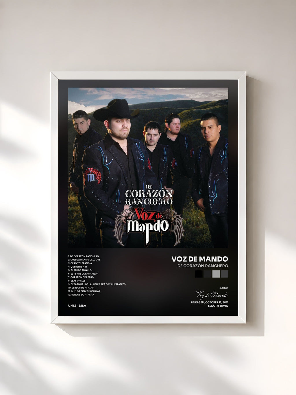 #blanc De Corazón Ranchero de Voz de Mando en lámina enmarcada, marco blanco, impresa y enmarcada en Francia