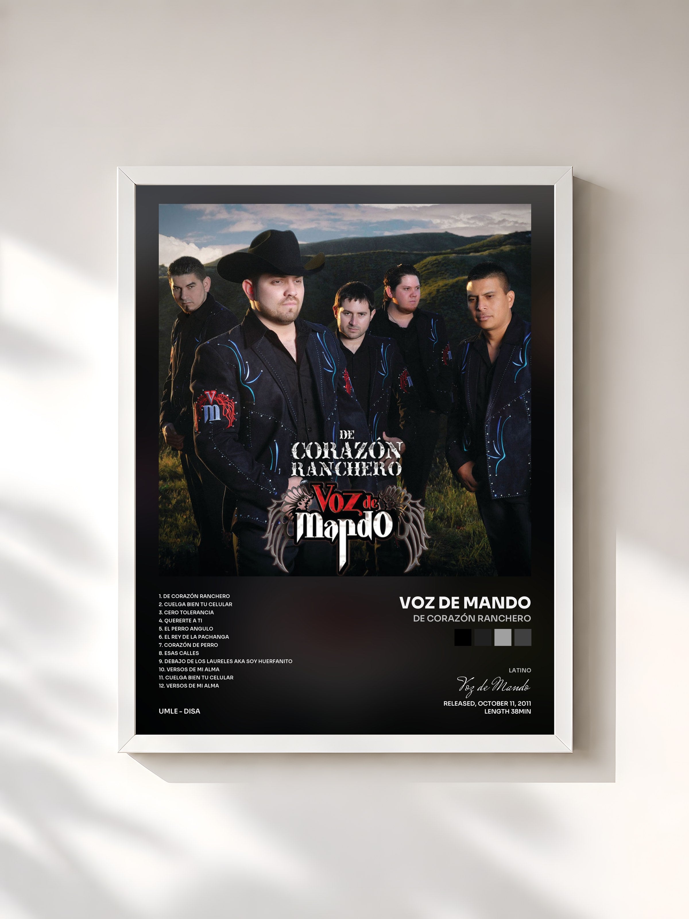#blanc Tableau de l'album De Corazón Ranchero de Voz de Mando, cadre blanc, imprimé et encadré en France