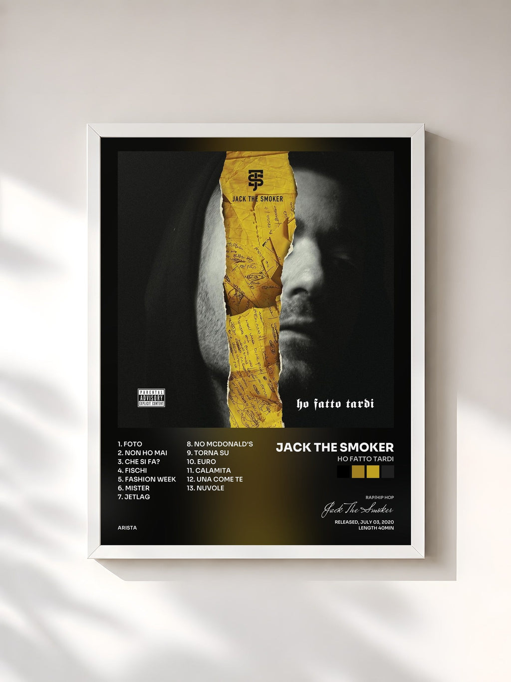 #blanc Ho Fatto Tardi by Jack The Smoker as a framed art print, white frame, printed and framed in France