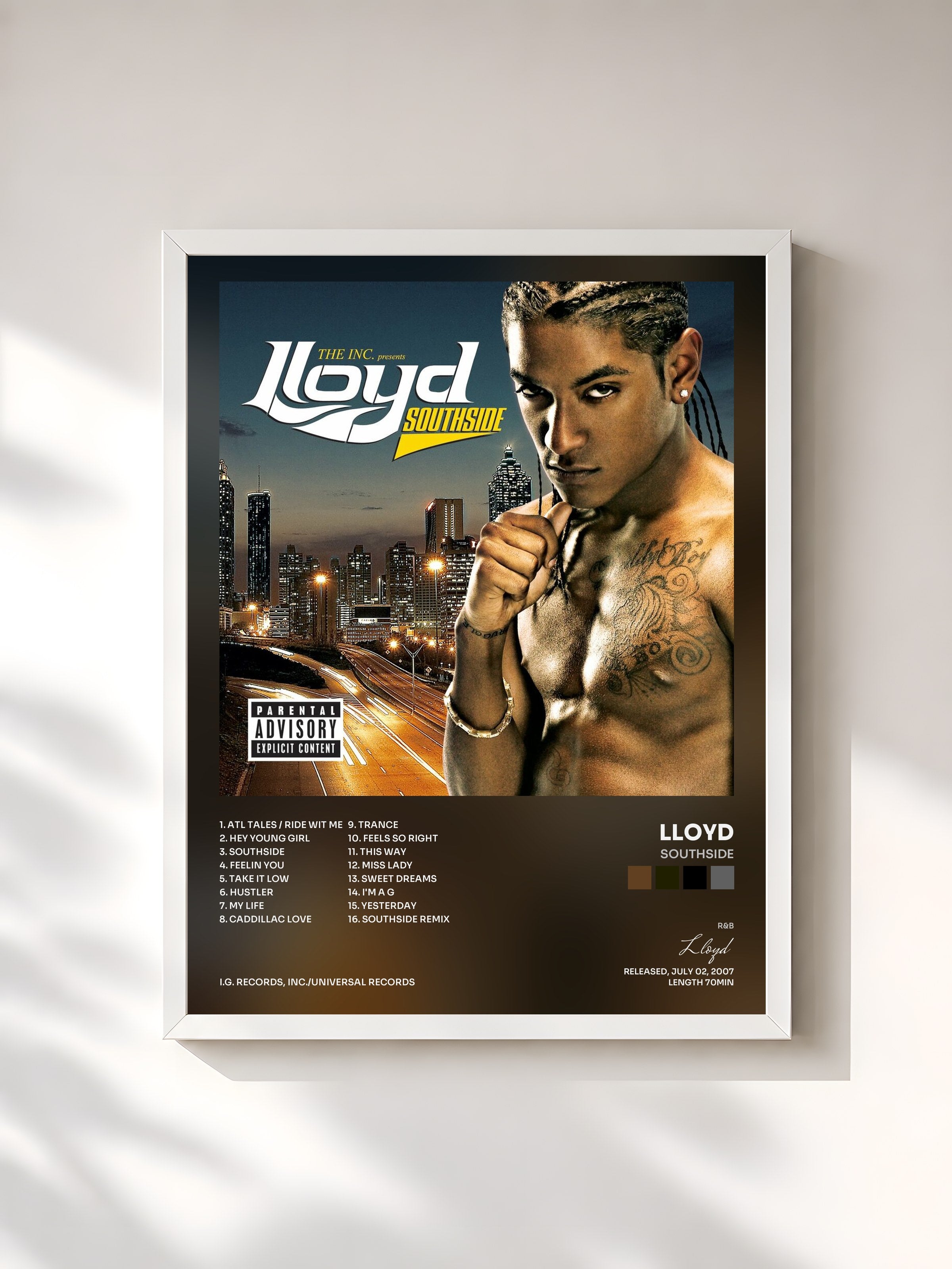 #blanc Tableau de l'album Southside de Lloyd, cadre blanc, imprimé et encadré en France