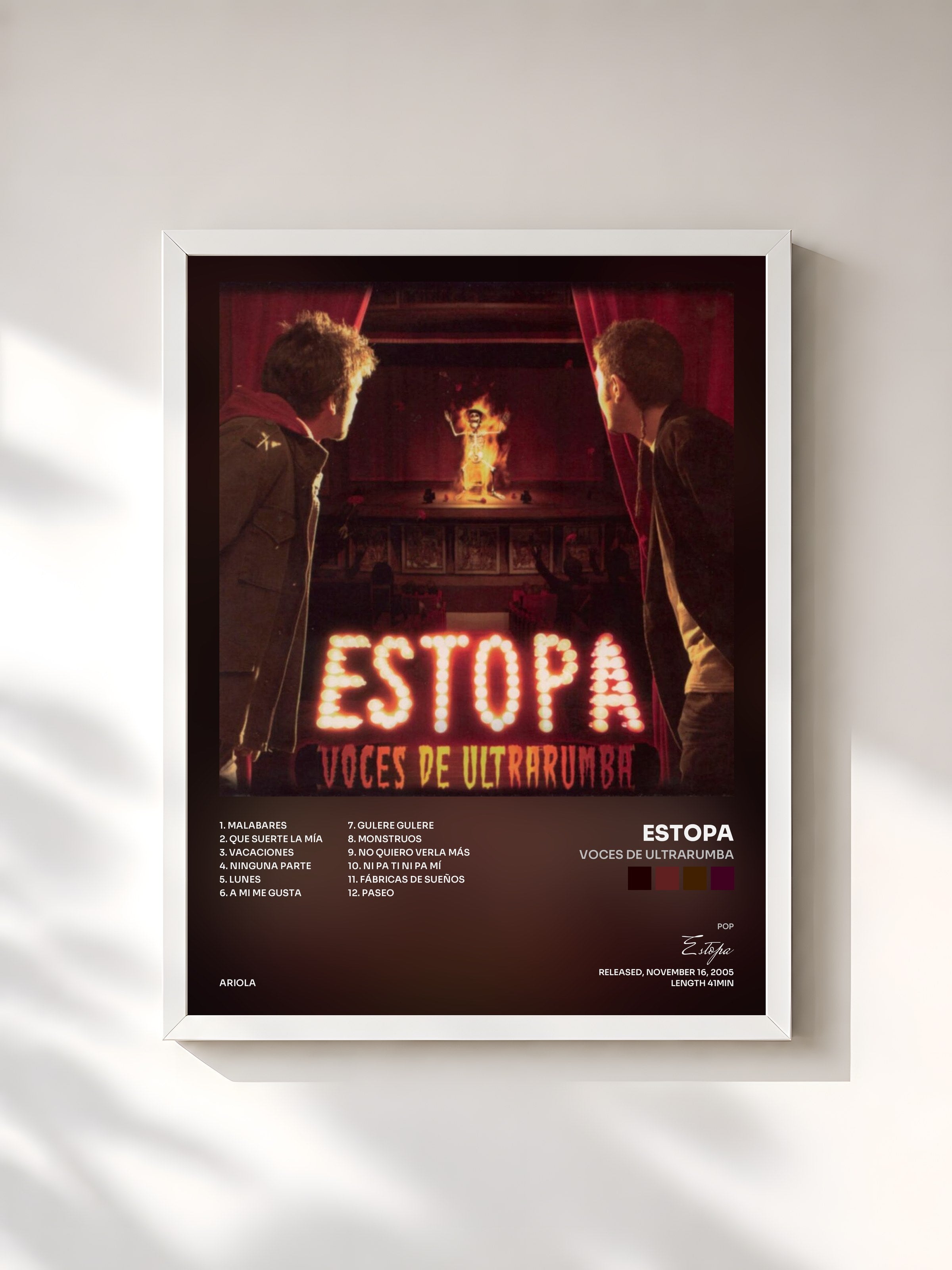 #blanc Tableau de l'album Voces de Ultrarumba de Estopa, cadre blanc, imprimé et encadré en France