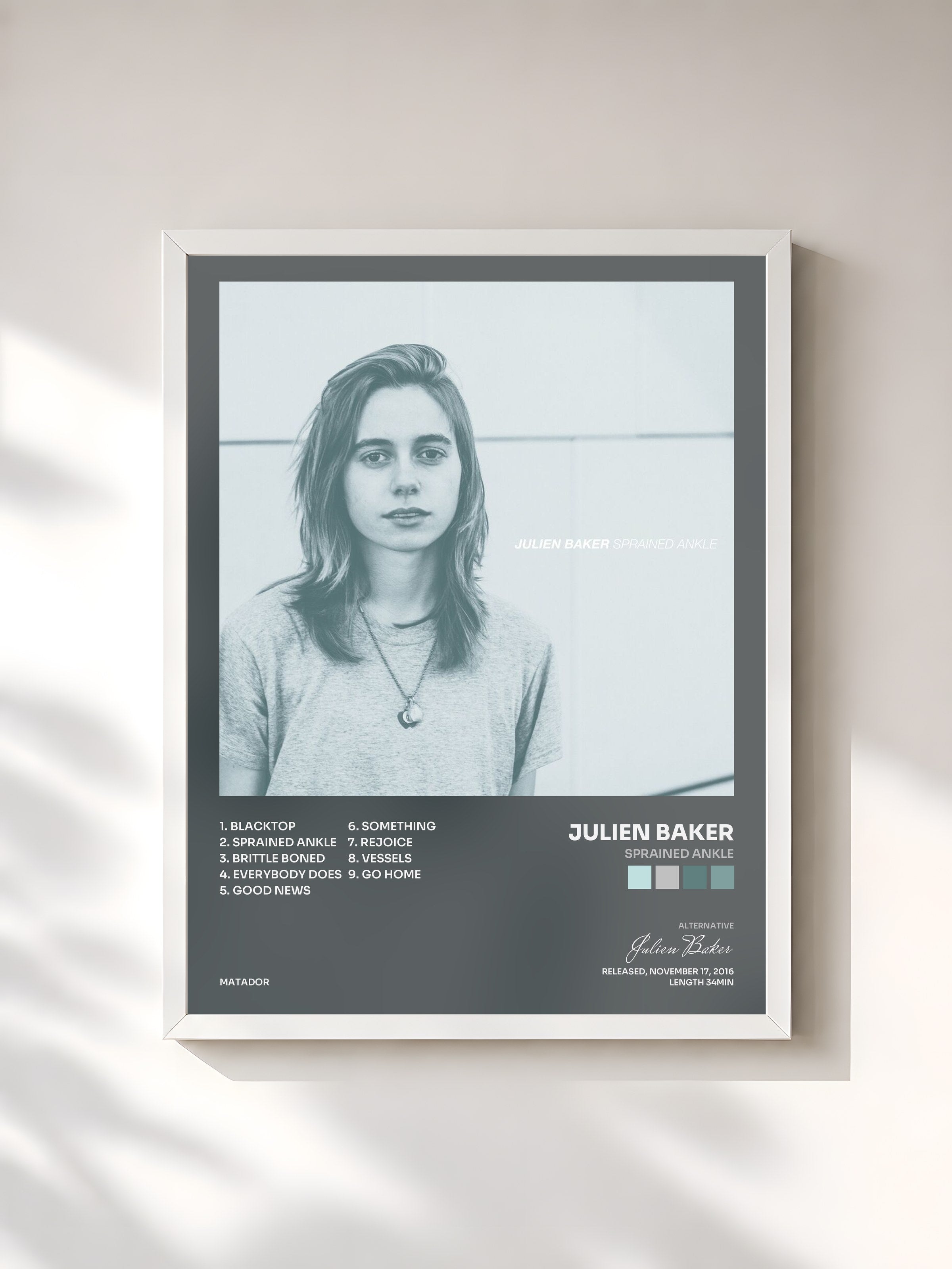 #blanc Tableau de l'album Sprained Ankle de Julien Baker, cadre blanc, imprimé et encadré en France