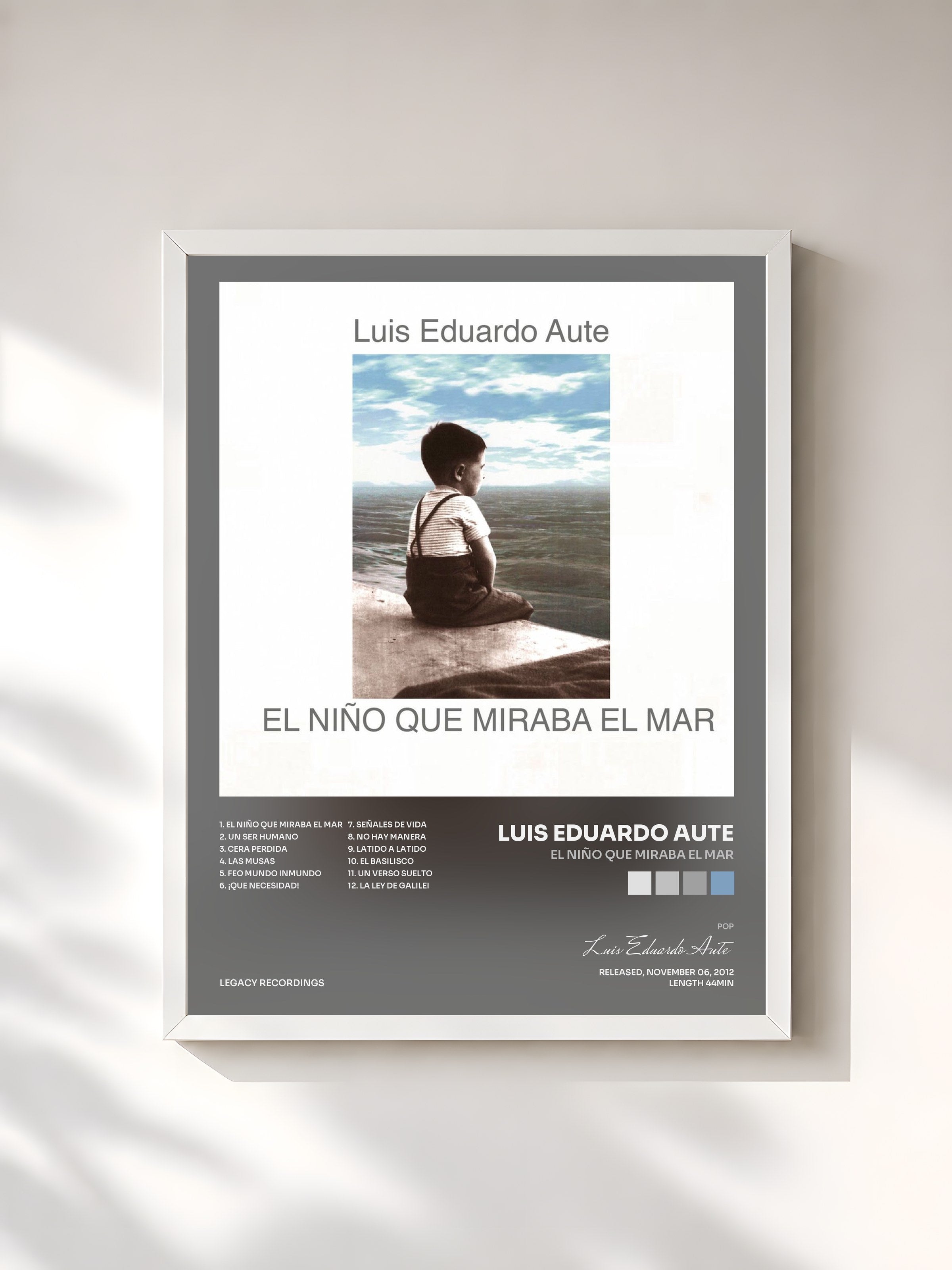 #blanc Tableau de l'album El Niño Que Miraba El Mar de Luis Eduardo Aute, cadre blanc, imprimé et encadré en France