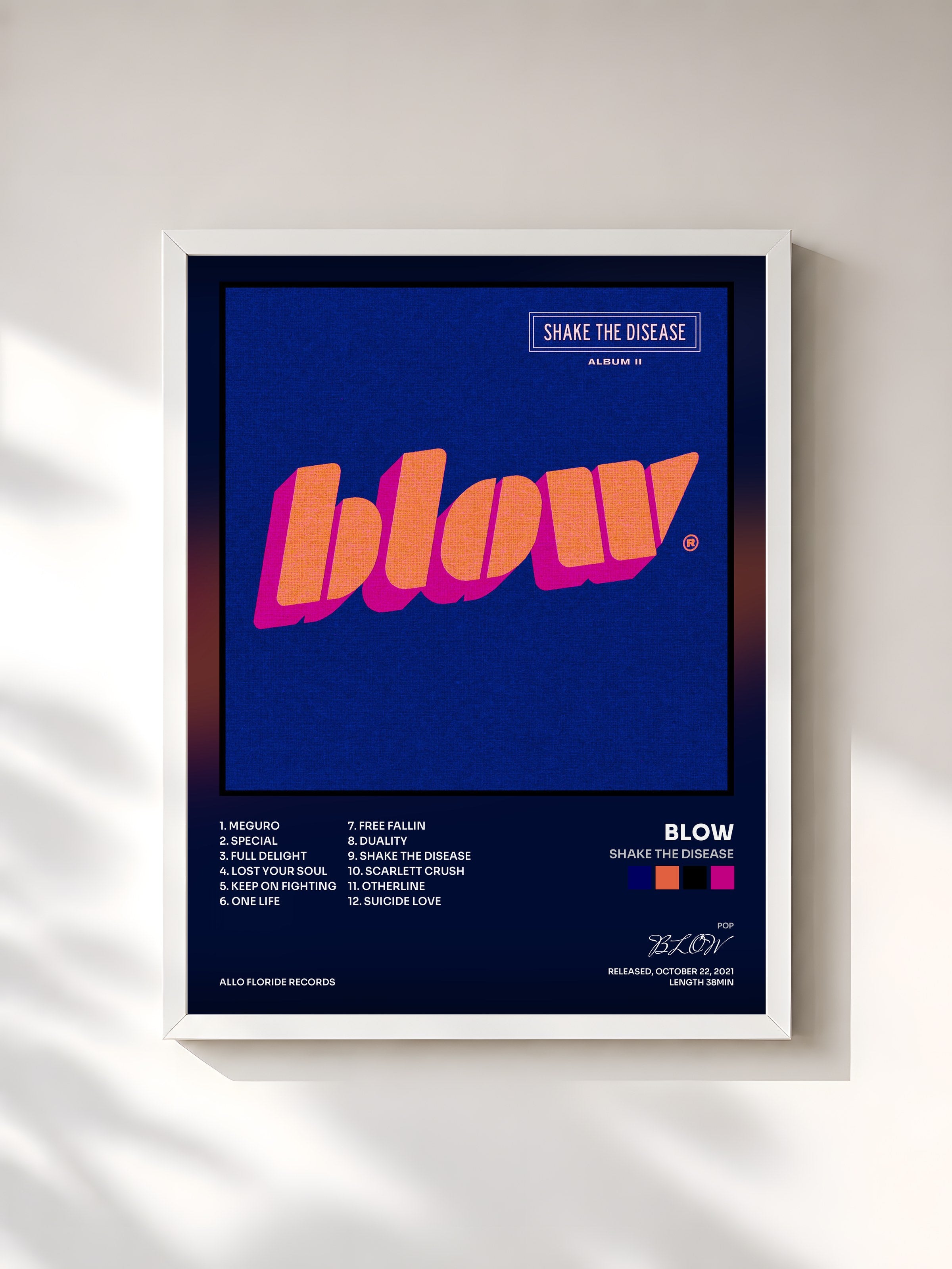 #blanc Tableau de l'album Shake the Disease de BLOW, cadre blanc, imprimé et encadré en France