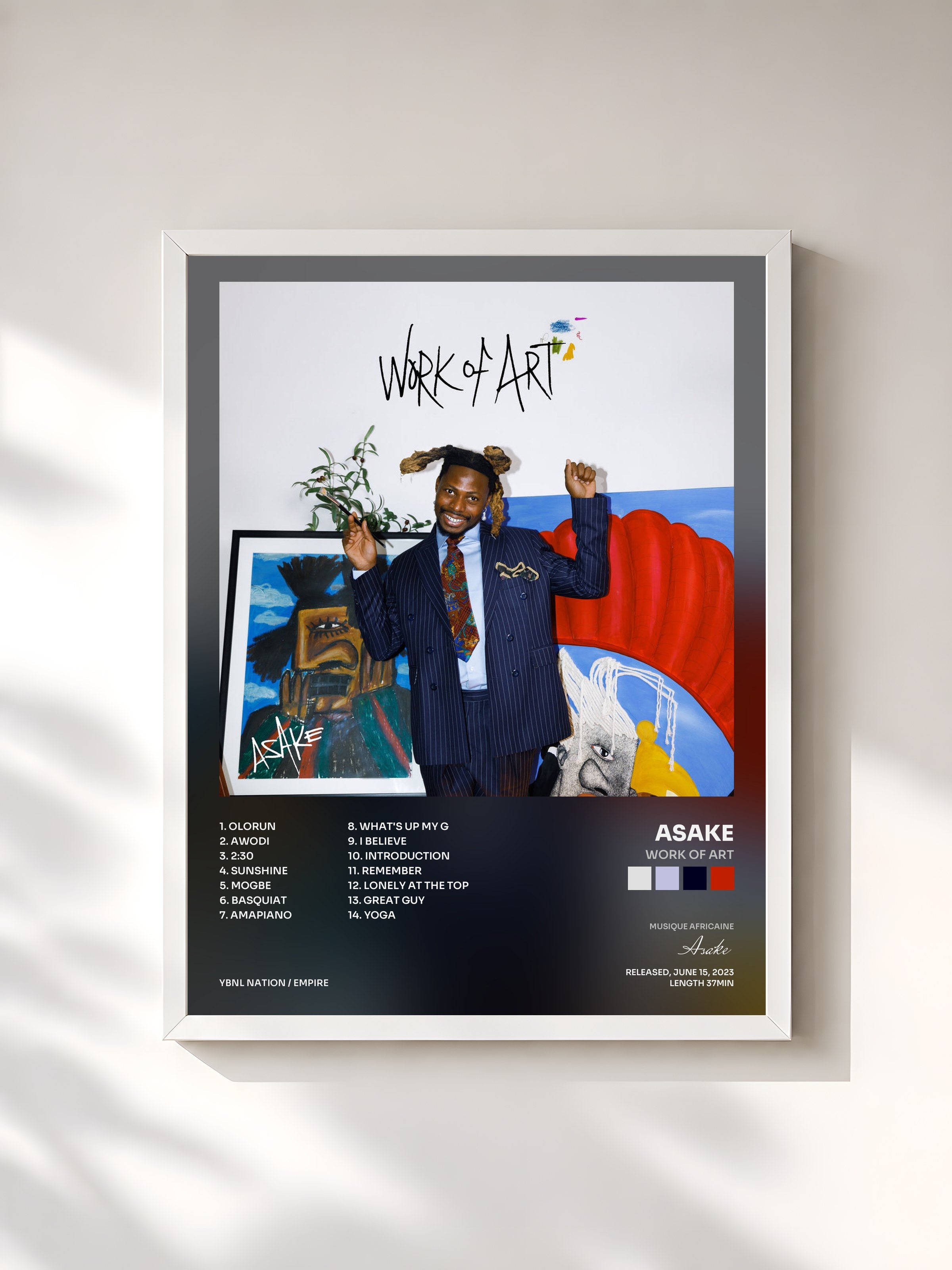 #blanc Tableau de l'album Work Of Art de Asake, cadre blanc, imprimé et encadré en France