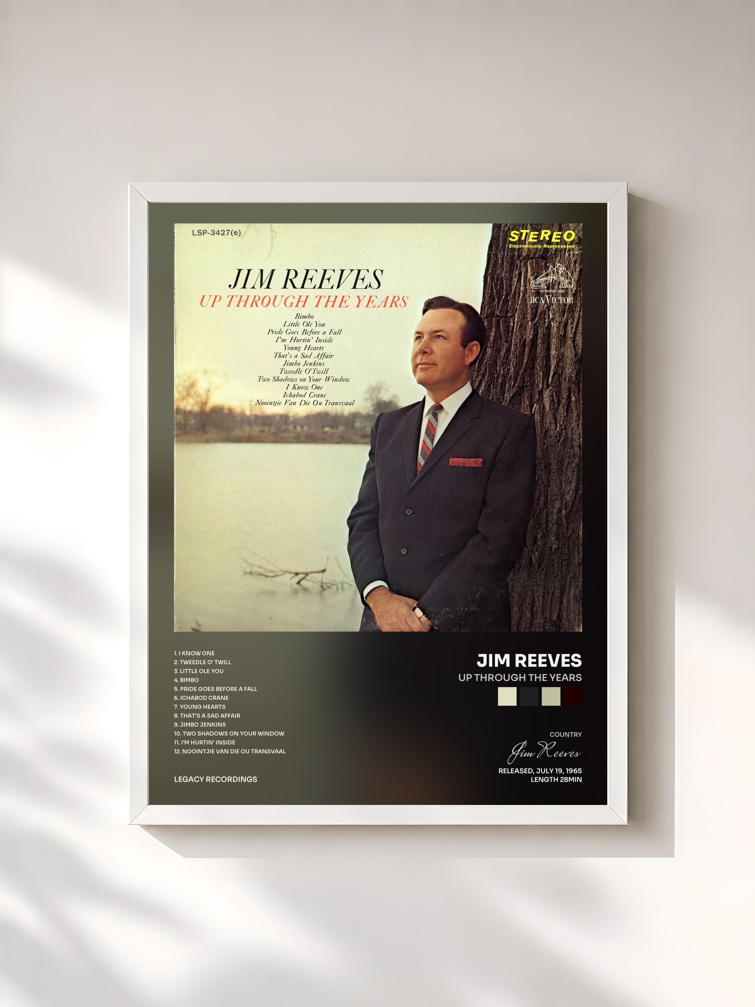 #blanc Tableau de l'album Up Through the Years de Jim Reeves, cadre blanc, imprimé et encadré en France