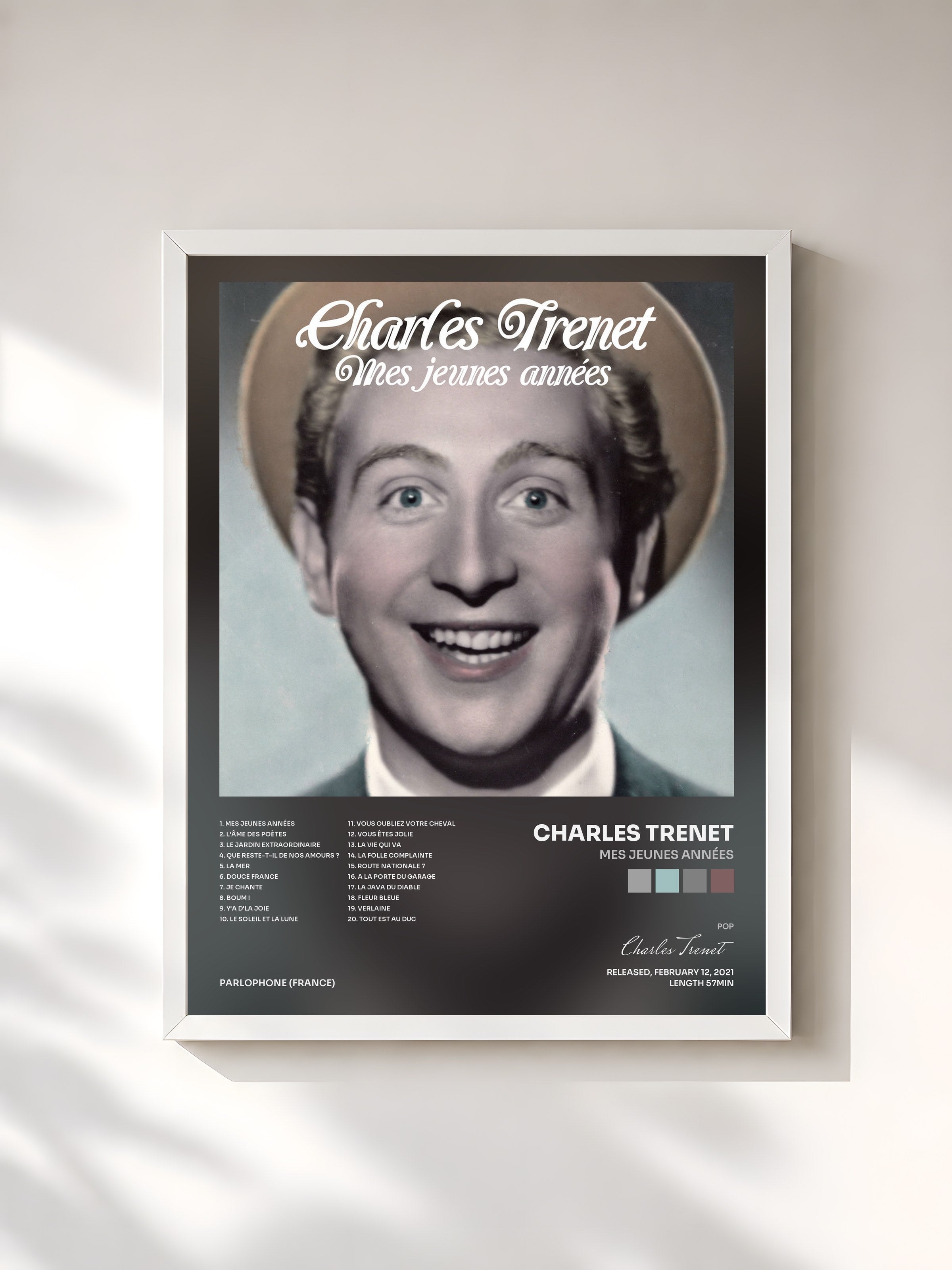 #blanc Tableau de l'album Mes jeunes années de Charles Trenet, cadre blanc, imprimé et encadré en France