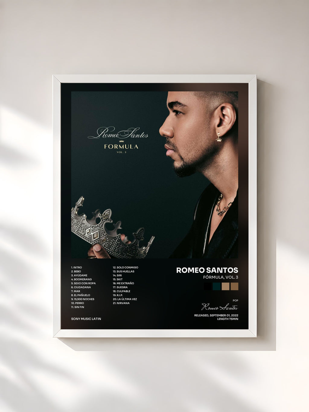#blanc Tableau de l'album Fórmula, Vol. 3 de Romeo Santos, cadre blanc, imprimé et encadré en France