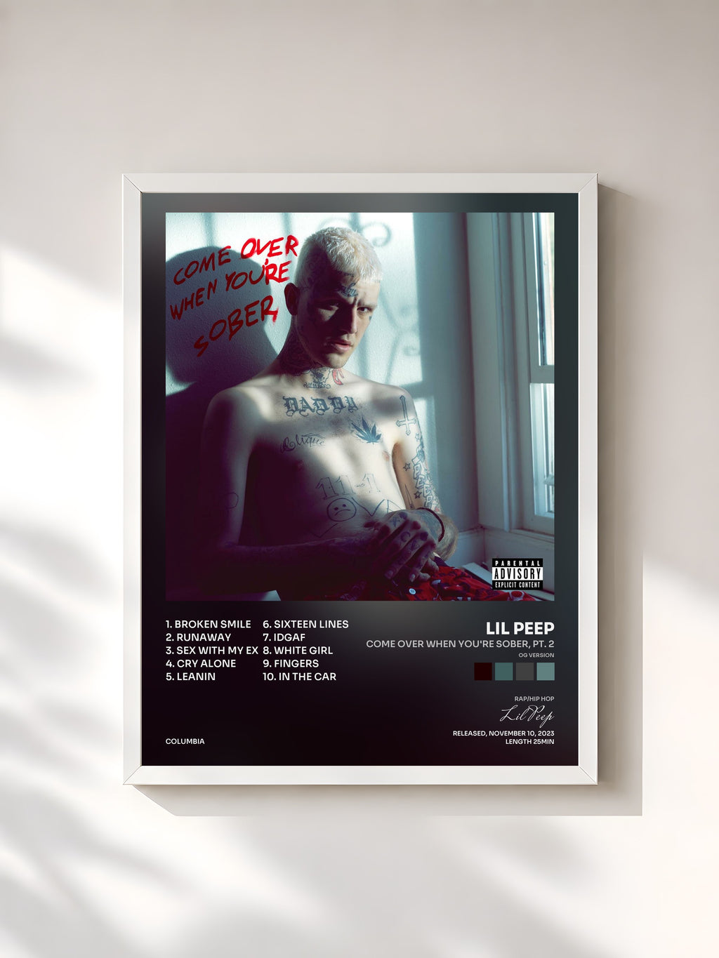 #blanc Tableau de l'album Come Over When You're Sober, Pt. 2 (og version) de Lil Peep, cadre blanc, imprimé et encadré en France