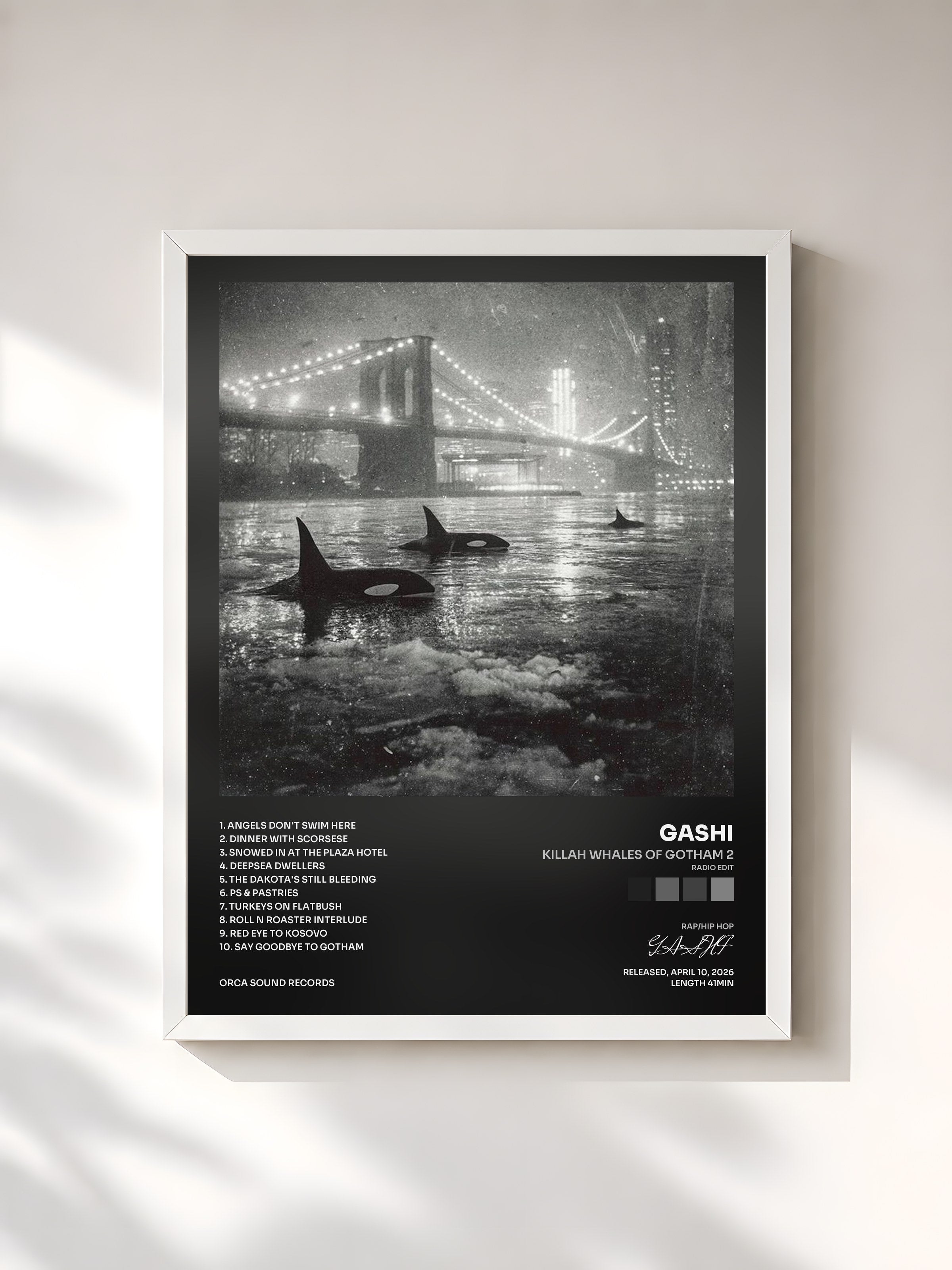 #blanc Tableau de l'album Killah Whales of Gotham 2 (Radio Edit) de GASHI, cadre blanc, imprimé et encadré en France