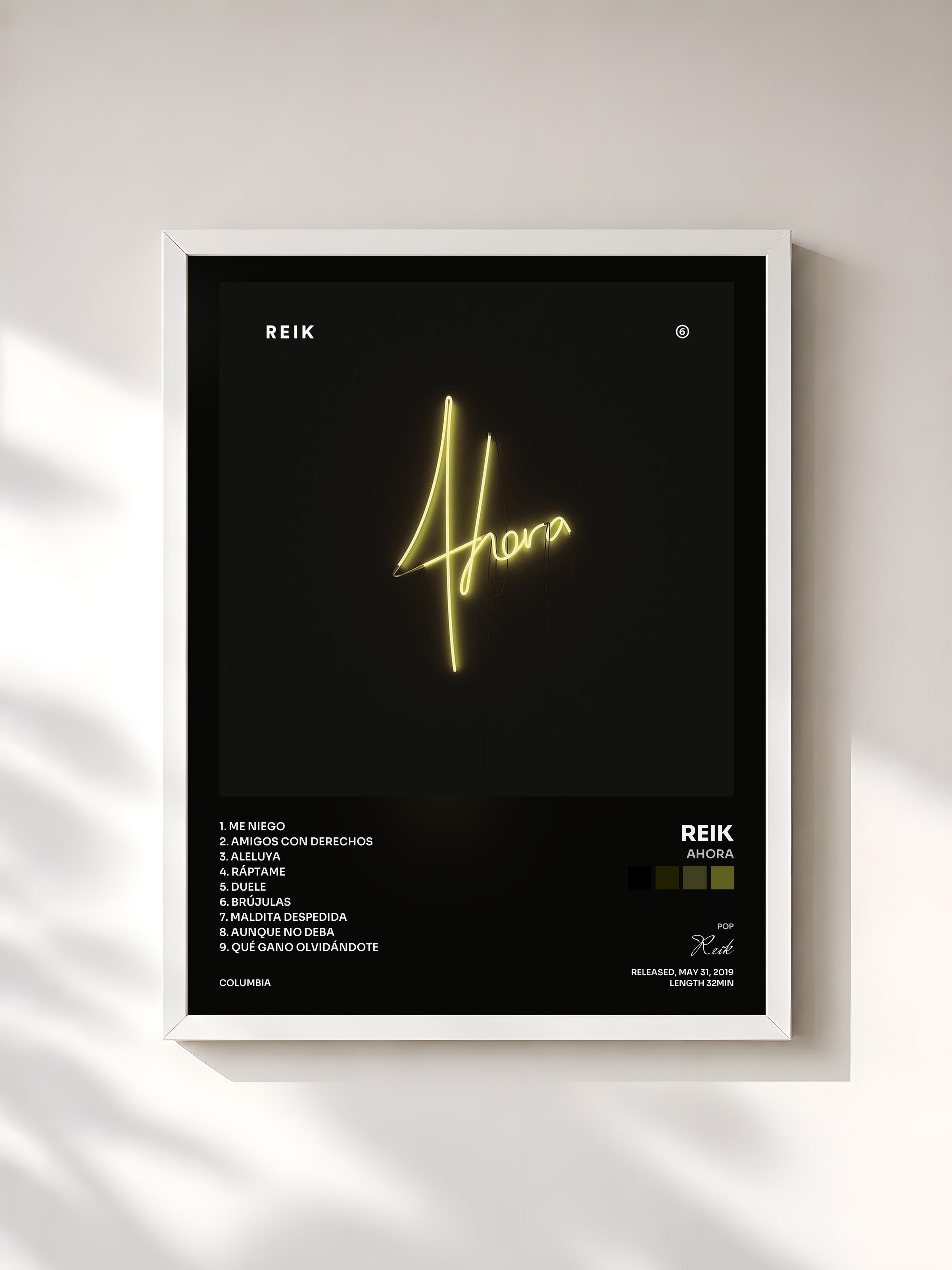 #blanc Tableau de l'album Ahora de Reik, cadre blanc, imprimé et encadré en France