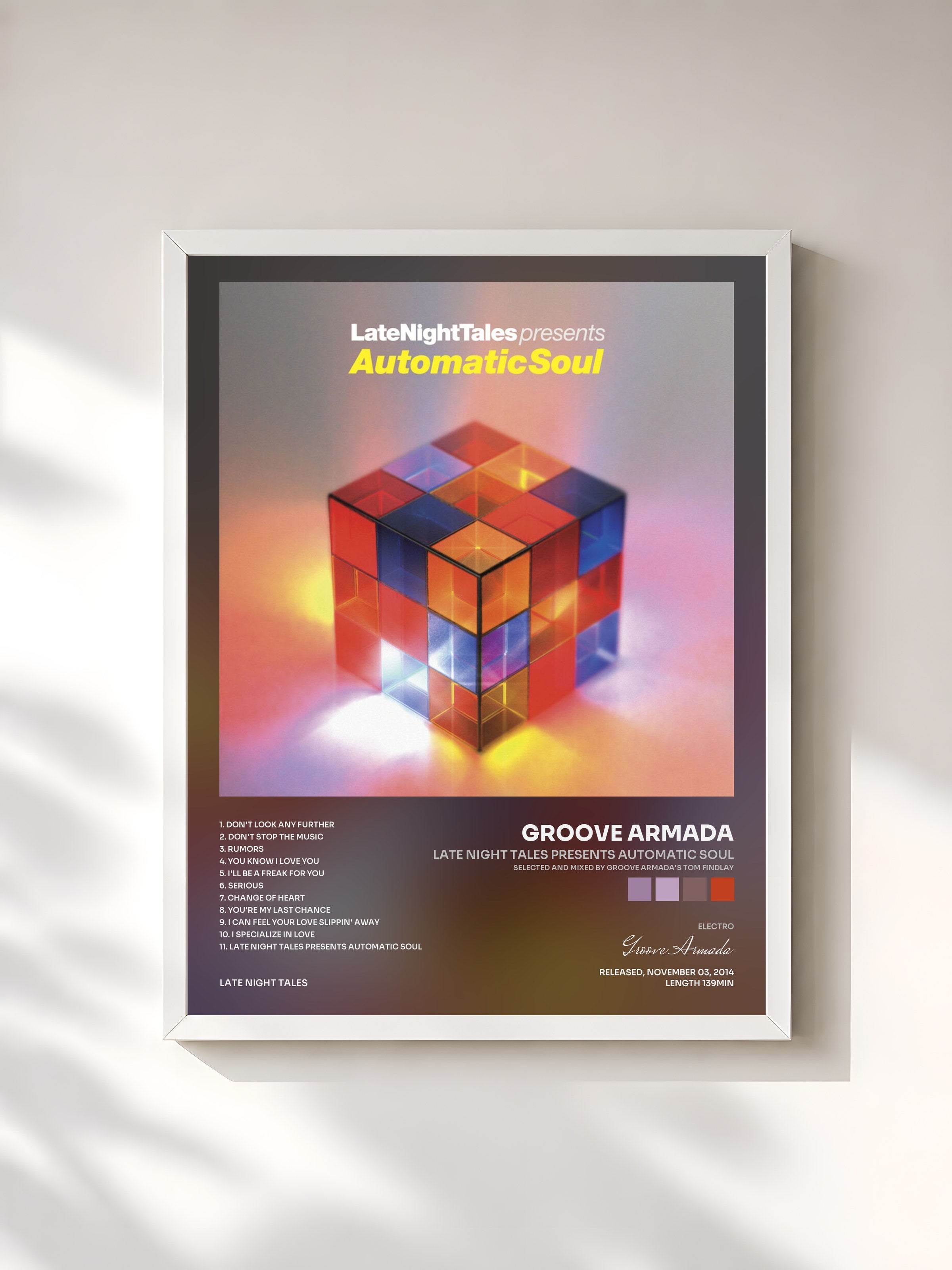 #blanc Tableau de l'album Late Night Tales Presents Automatic Soul (Selected and Mixed by Groove Armada's Tom Findlay) de Groove Armada, cadre blanc, imprimé et encadré en France