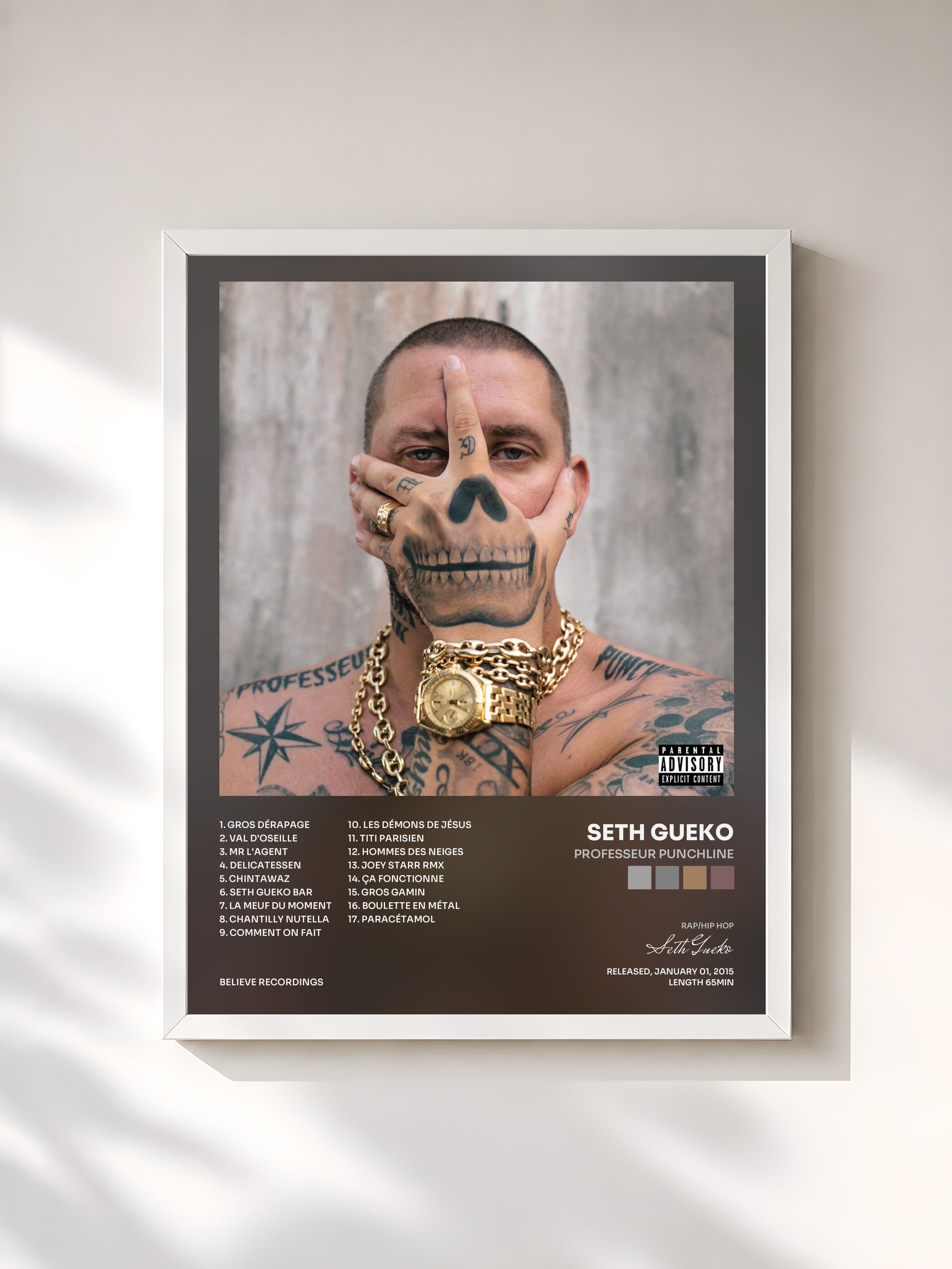 #blanc Tableau de l'album Professeur Punchline de Seth Gueko, cadre blanc, imprimé et encadré en France