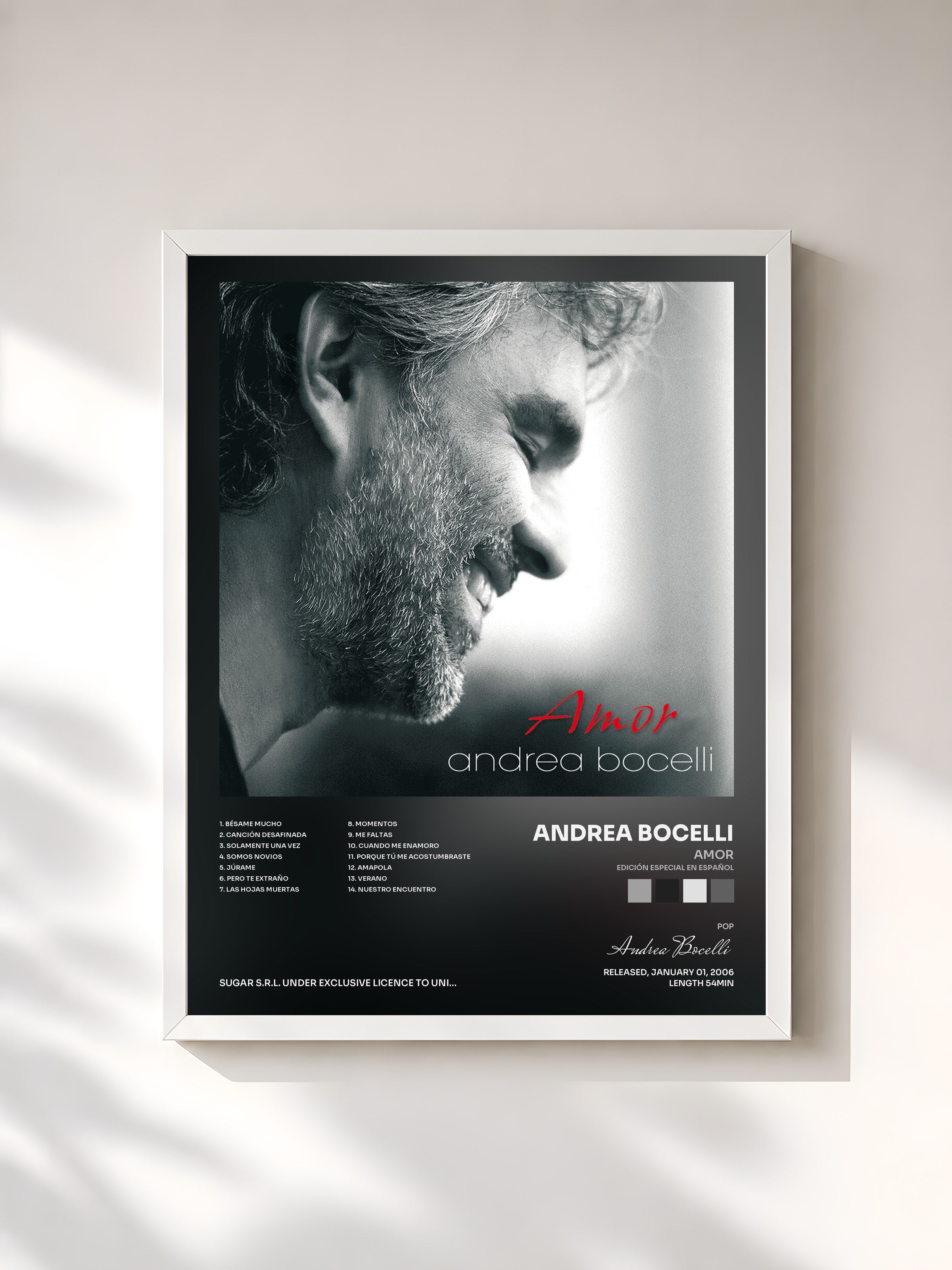 #blanc Tableau de l'album Amor (Edición Especial En Español) de Andrea Bocelli, cadre blanc, imprimé et encadré en France