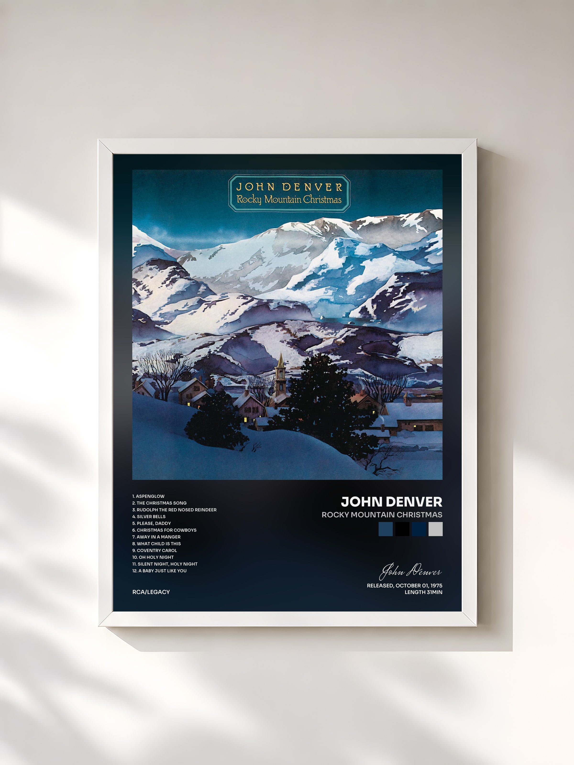 #blanc Tableau de l'album Rocky Mountain Christmas de John Denver, cadre blanc, imprimé et encadré en France