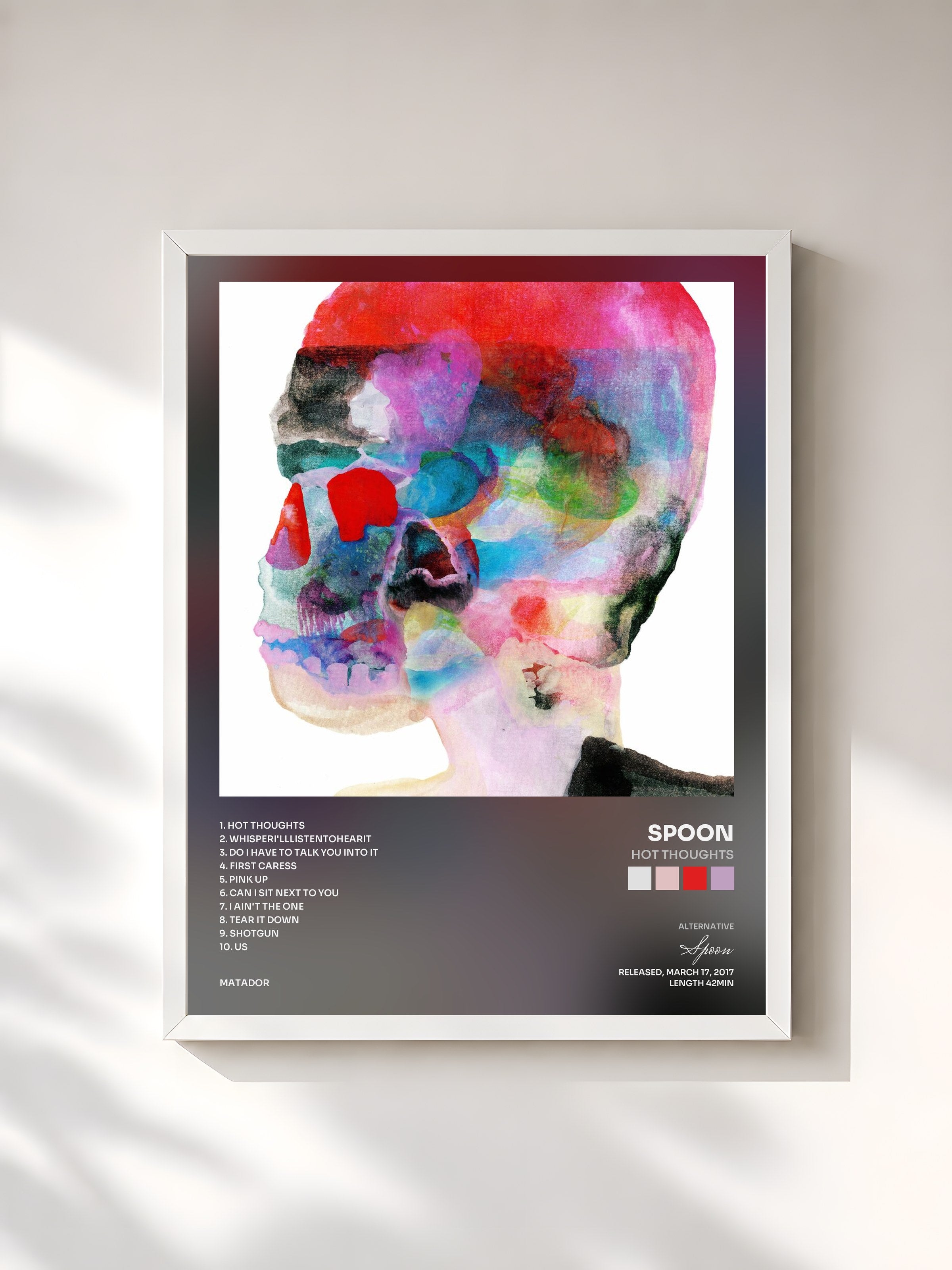 #blanc Tableau de l'album Hot Thoughts de Spoon, cadre blanc, imprimé et encadré en France