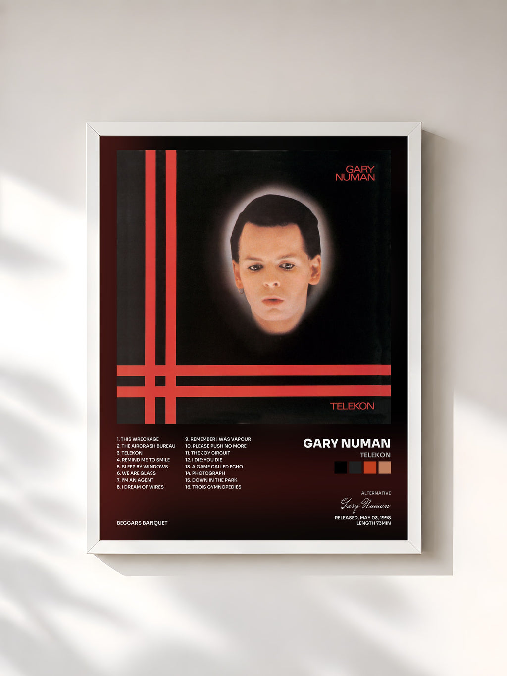 #blanc Tableau de l'album Telekon de Gary Numan, cadre blanc, imprimé et encadré en France
