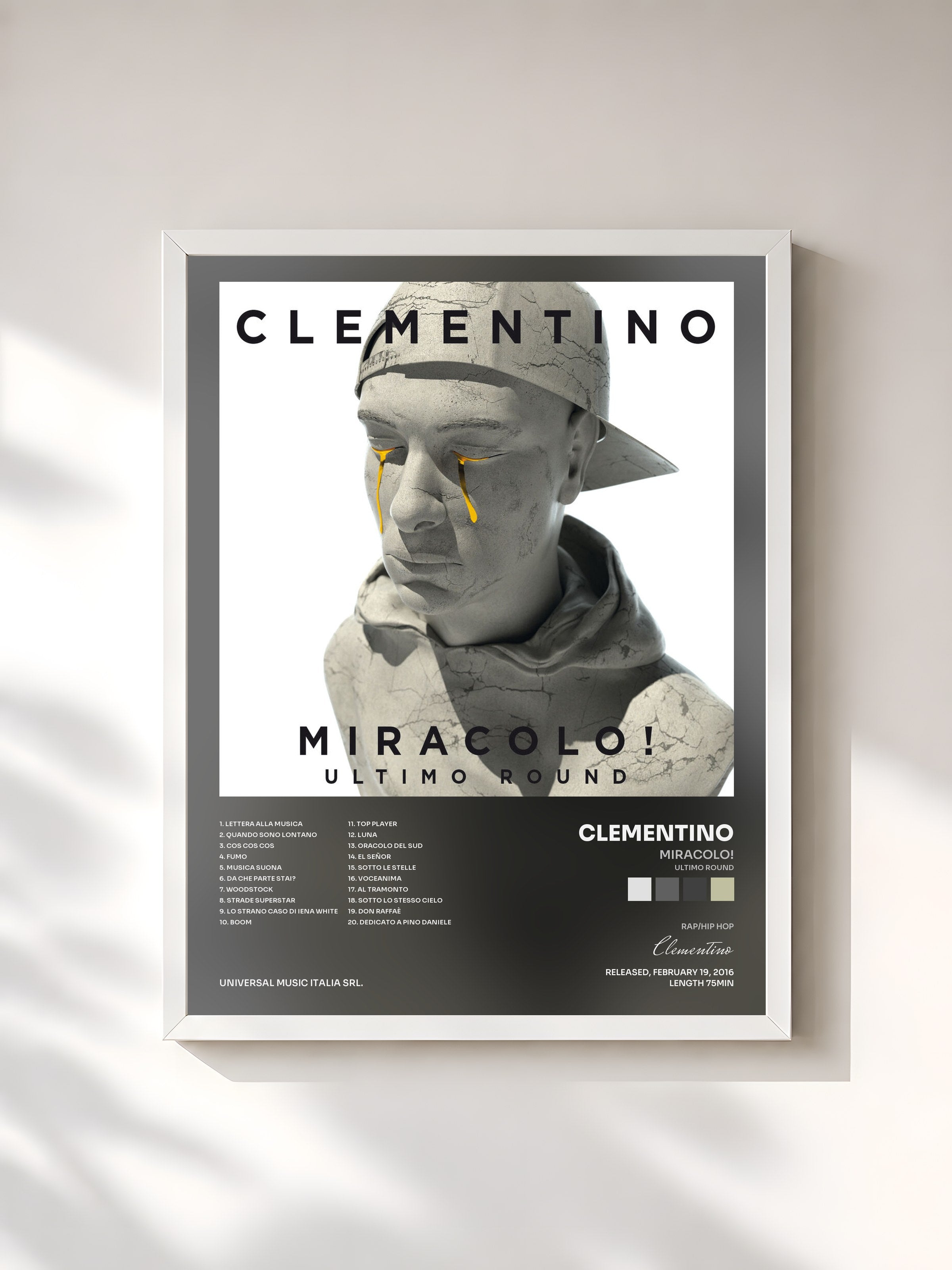 #blanc Tableau de l'album Miracolo! (Ultimo Round) de Clementino, cadre blanc, imprimé et encadré en France