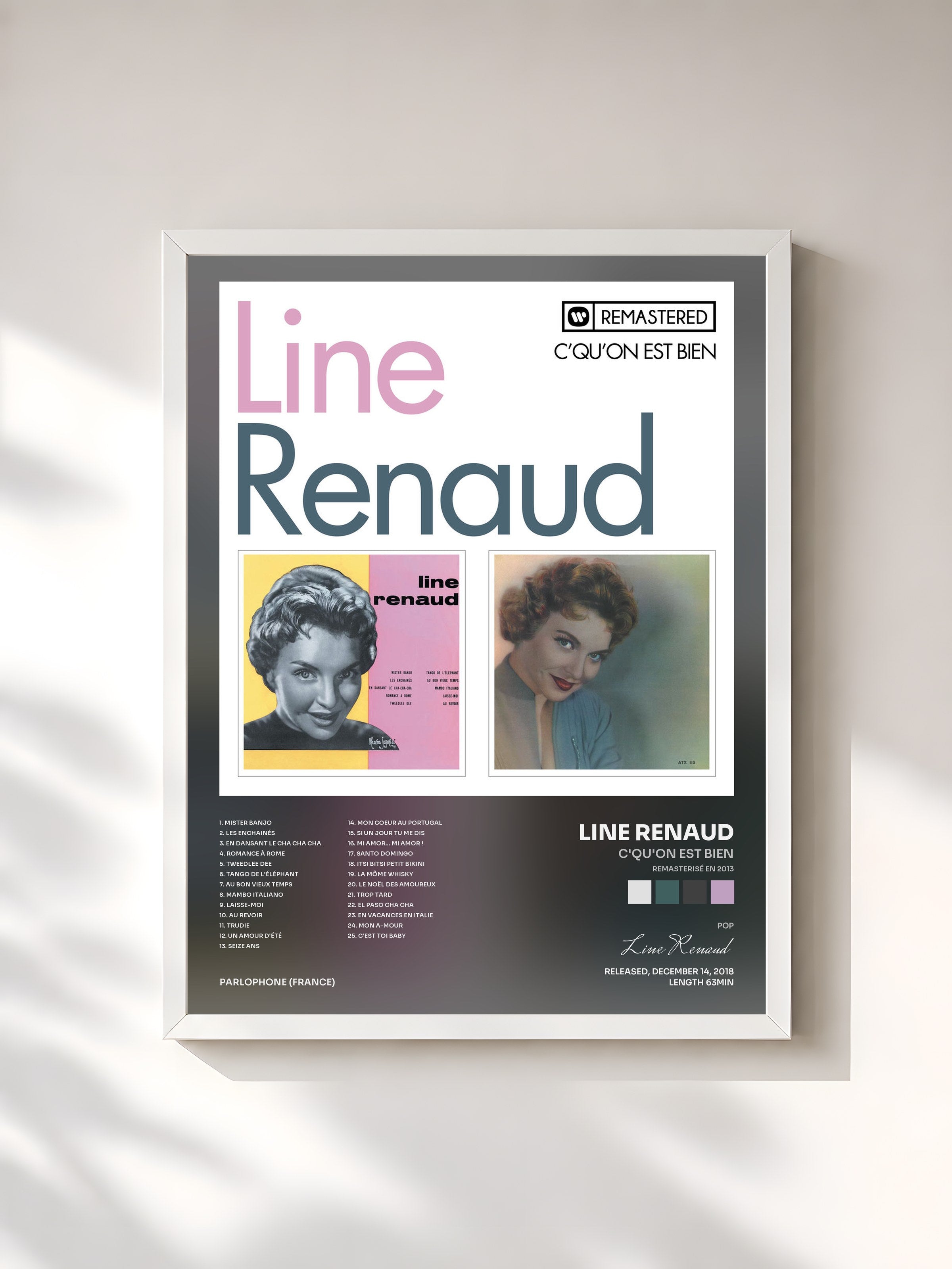 #blanc Tableau de l'album C'qu'on est bien (Remasterisé en 2013) de Line Renaud, cadre blanc, imprimé et encadré en France