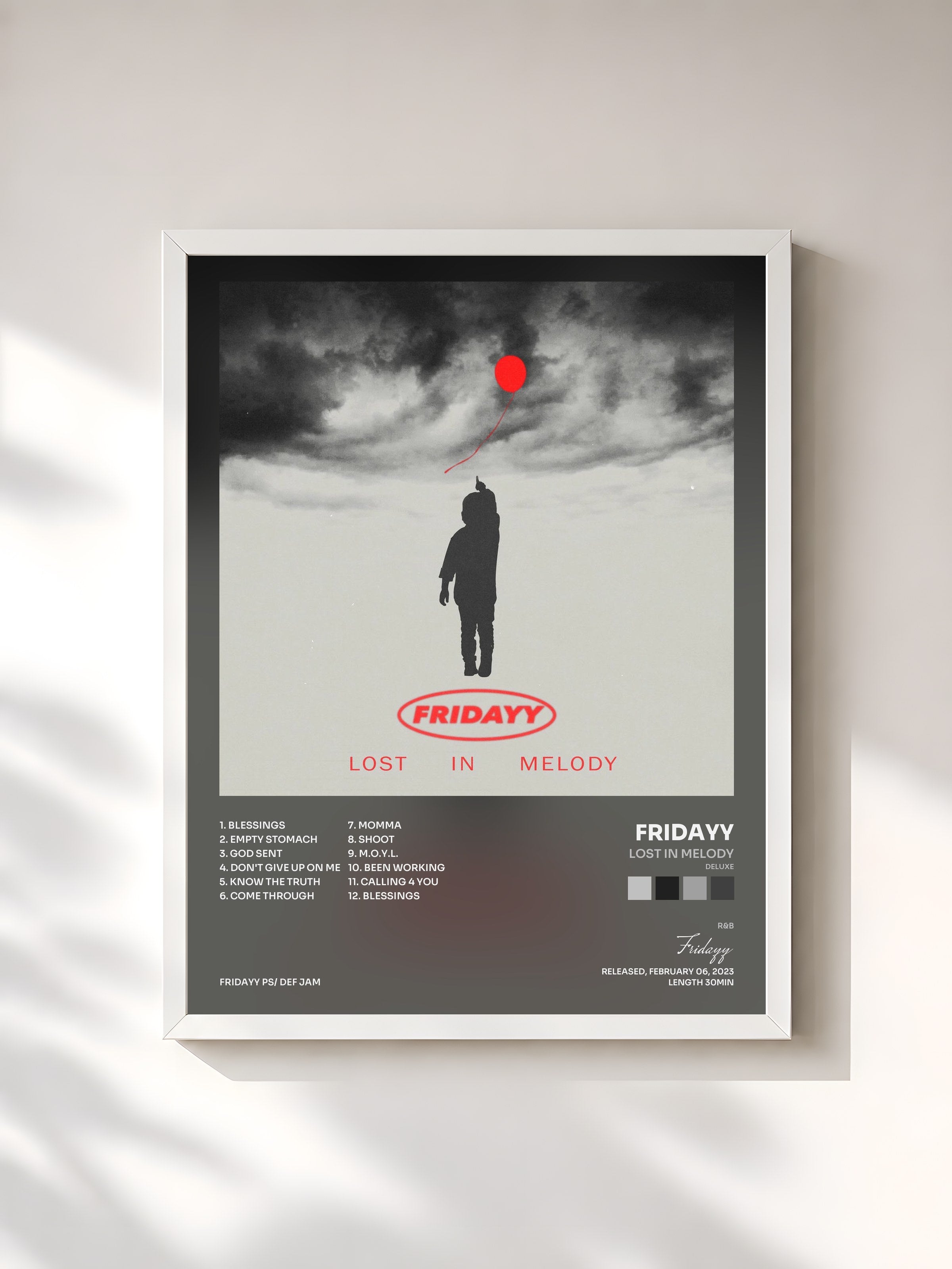 #blanc Tableau de l'album Lost In Melody (Deluxe) de Fridayy, cadre blanc, imprimé et encadré en France