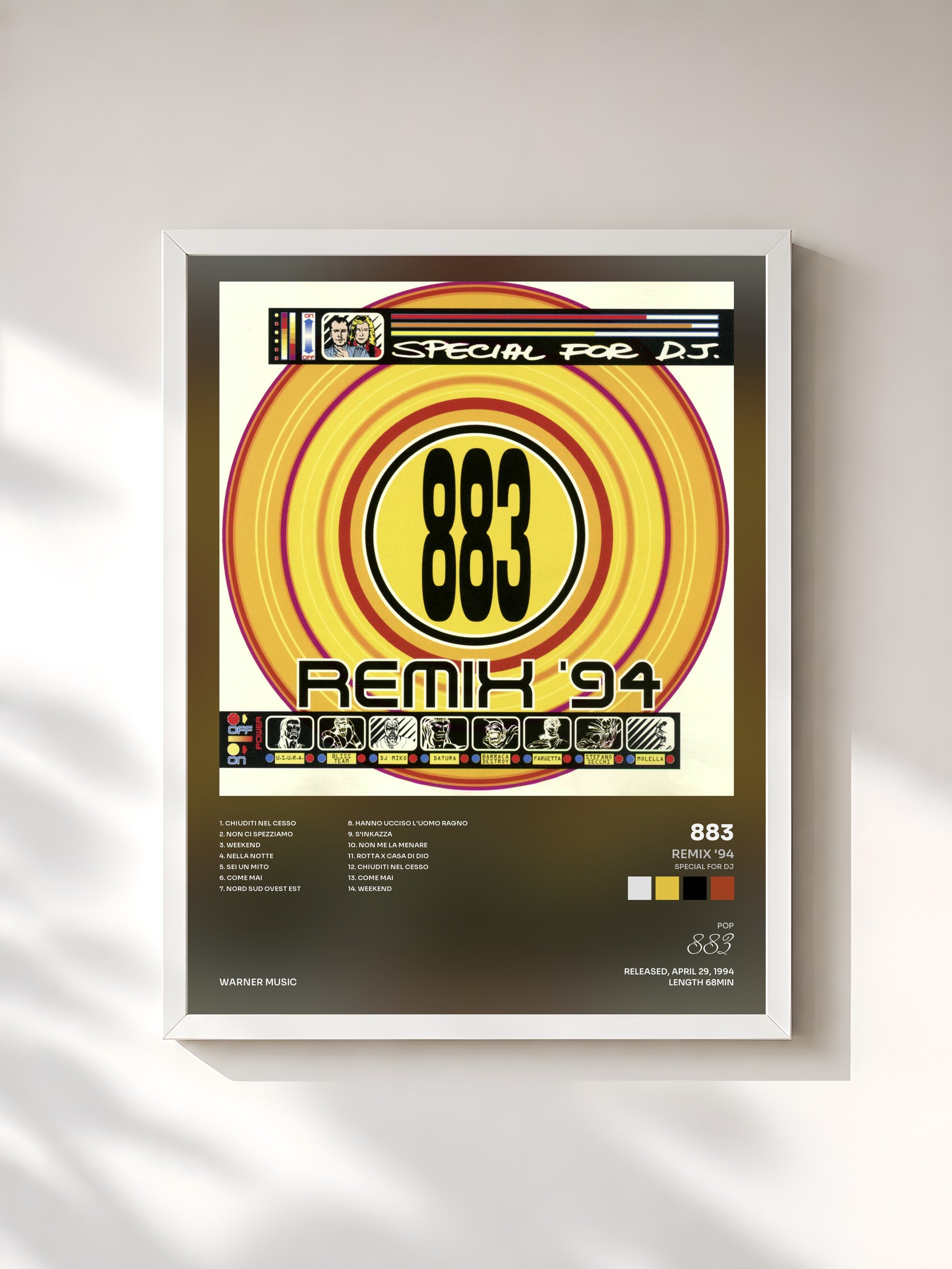 #blanc Tableau de l'album Remix '94 (Special for DJ) de 883, cadre blanc, imprimé et encadré en France
